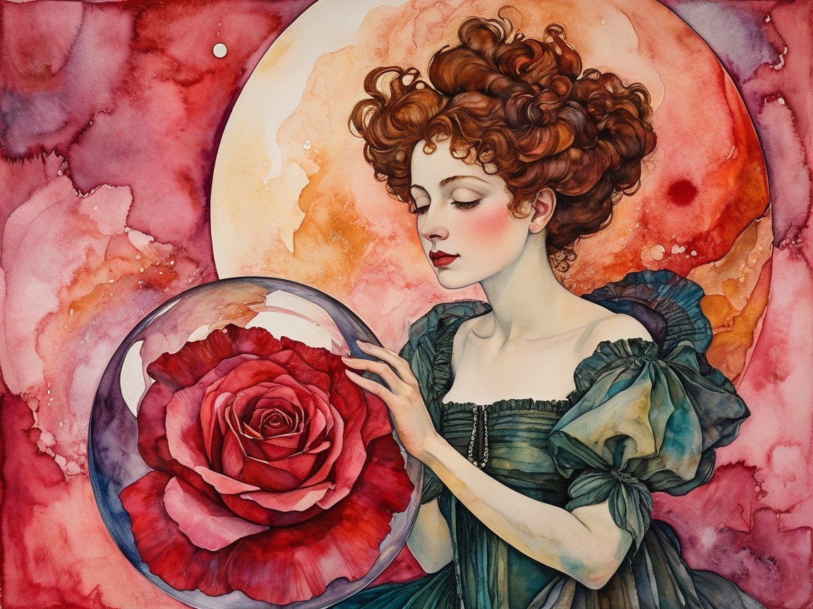 Serene Woman with Red Hair and Glass Orb Display