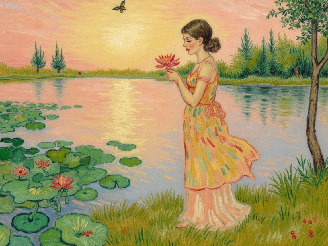 Young Woman with Lotus Flower by Tranquil Lake at Sunset