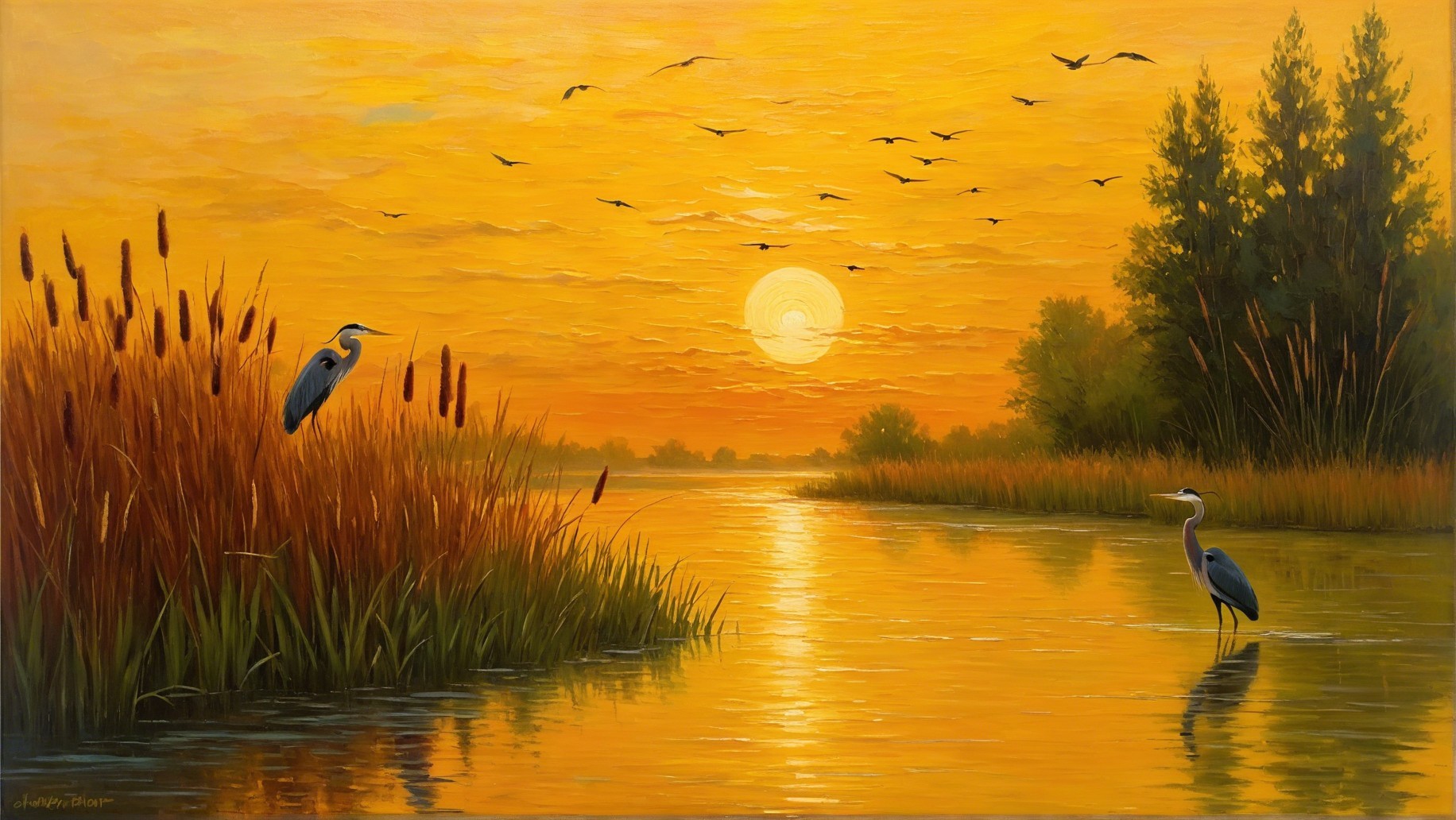 Serene Sunset Landscape with River and Herons