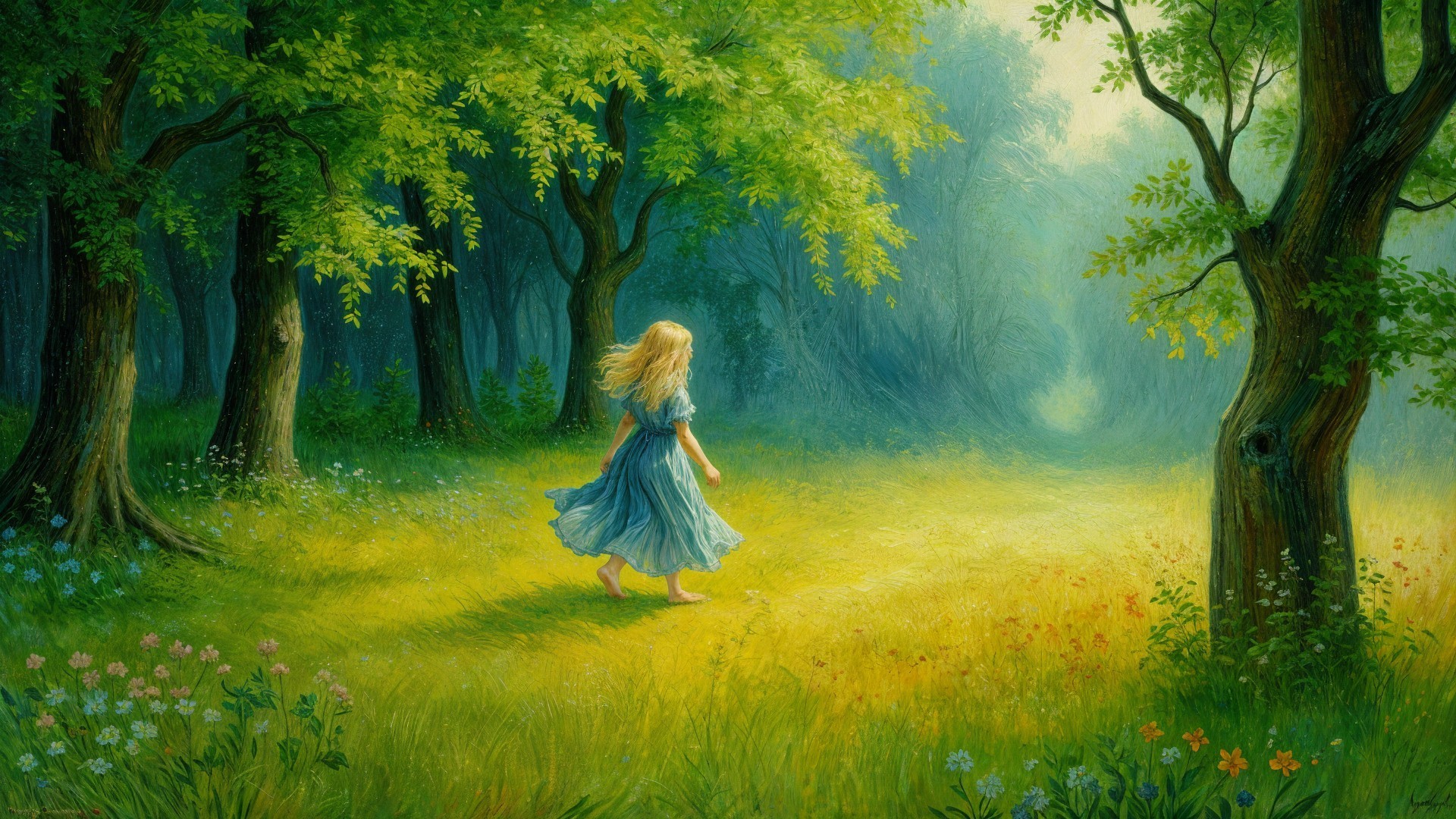 Serene Landscape with Young Girl in Blue Dress