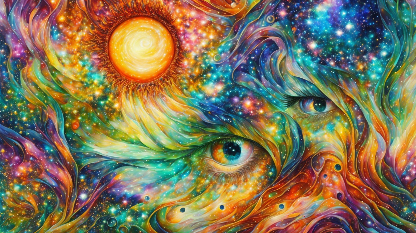 Psychedelic Art Featuring Cosmic Eyes and Vibrant Colors