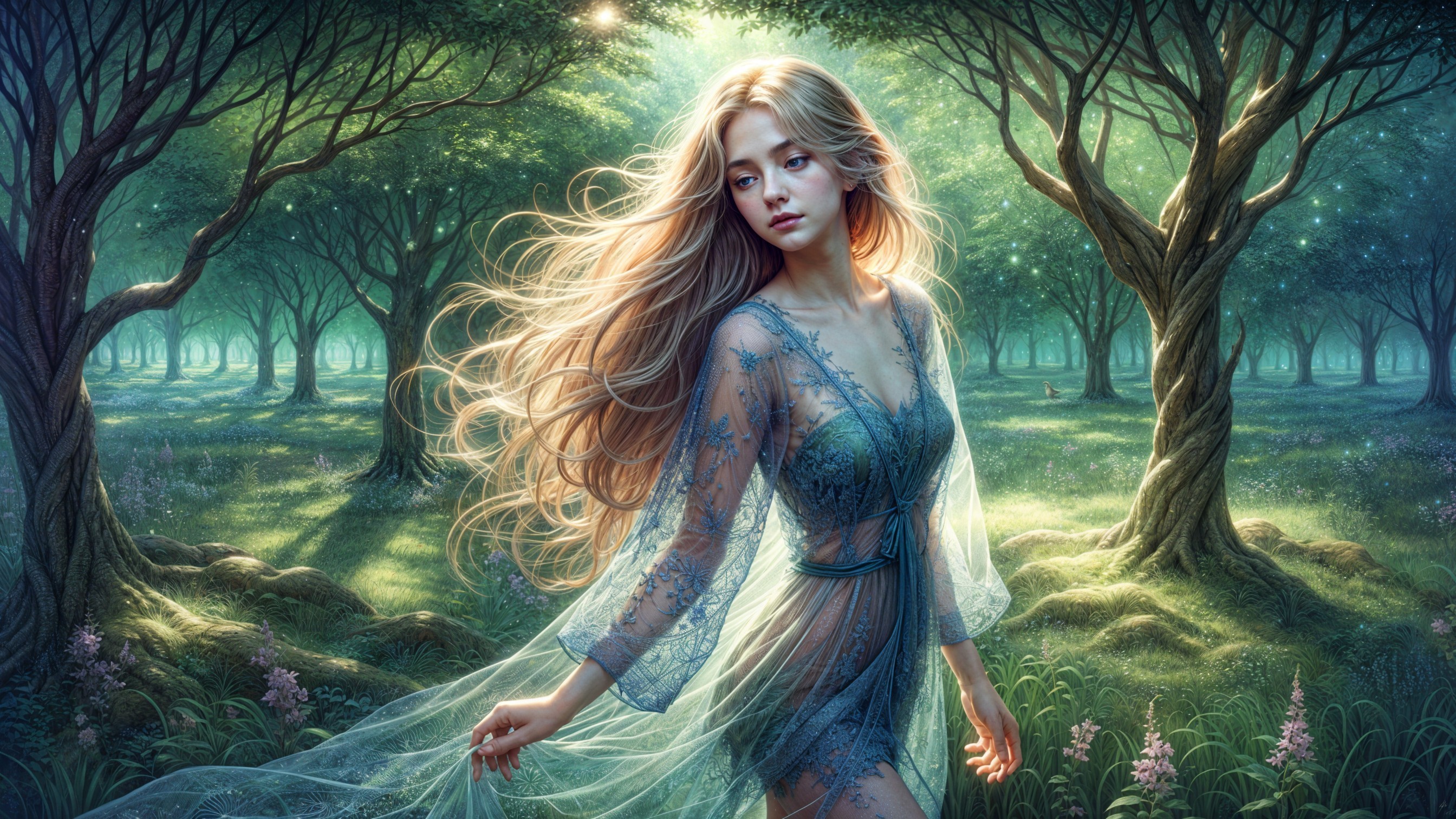 Young woman in a serene forest with ethereal light