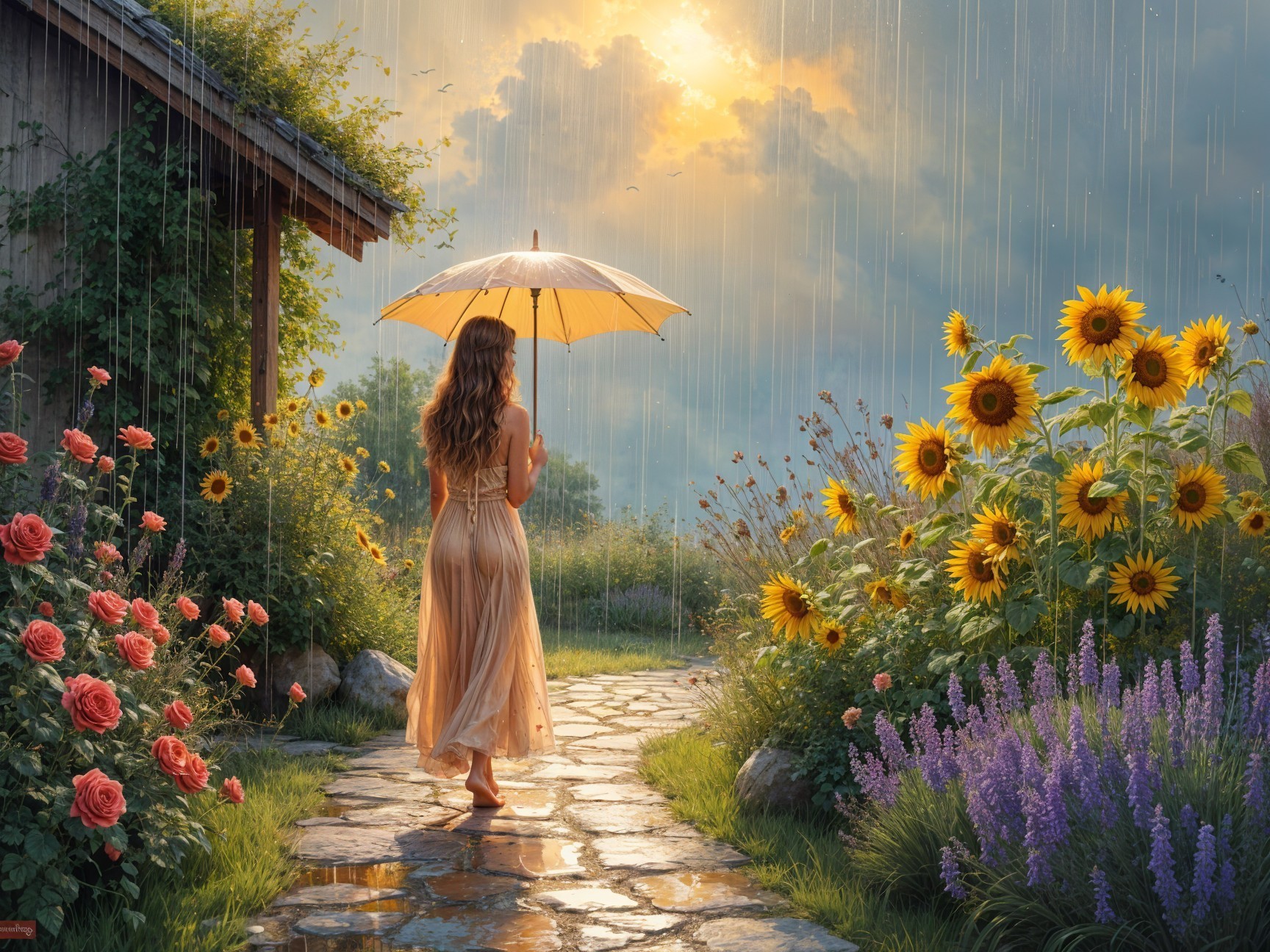 Woman Walking on Stone Path in Lush Garden Scene