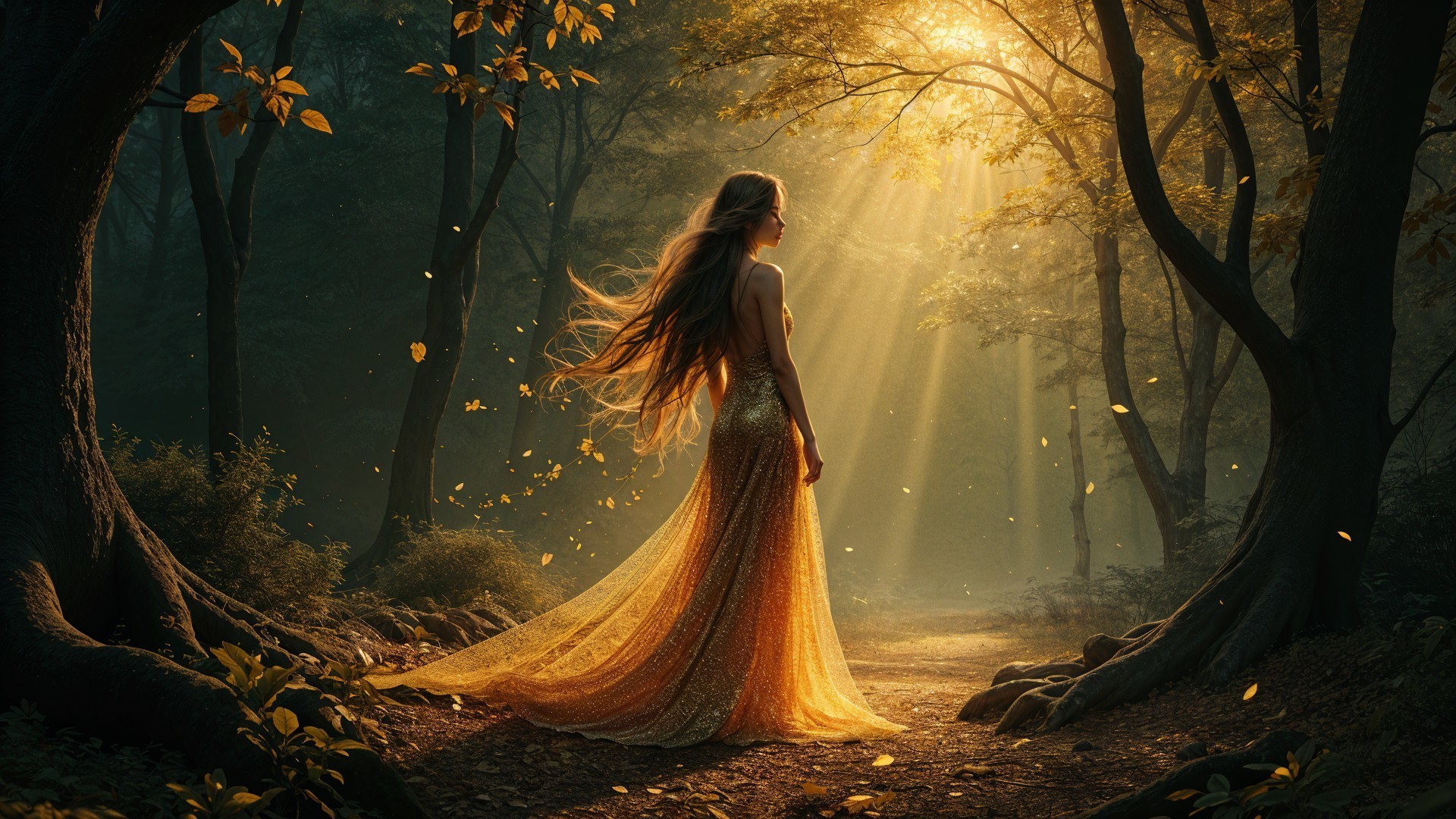 Graceful Woman in Golden Gown in Mystical Forest