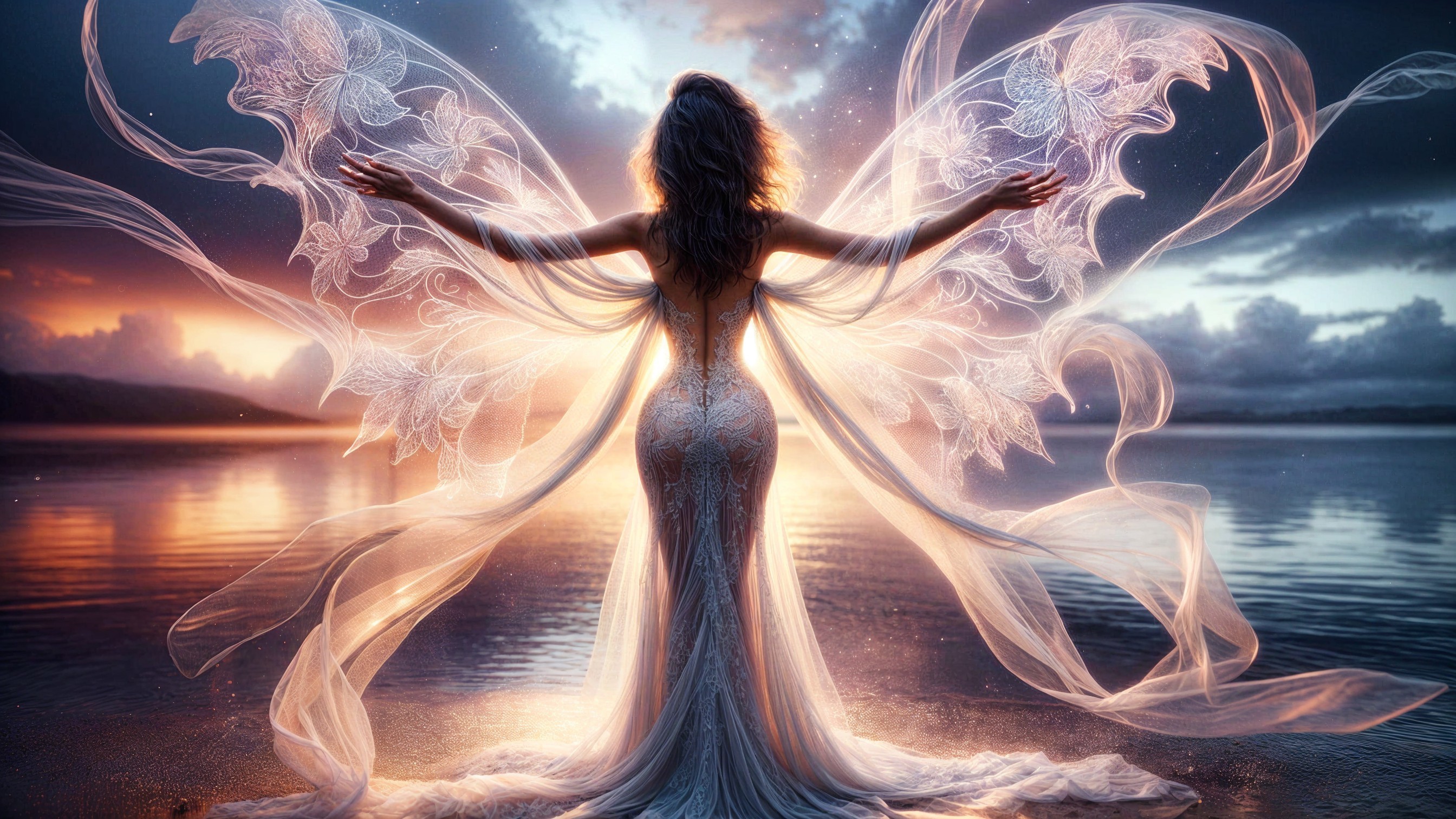 Ethereal figure by serene lake at twilight with wings