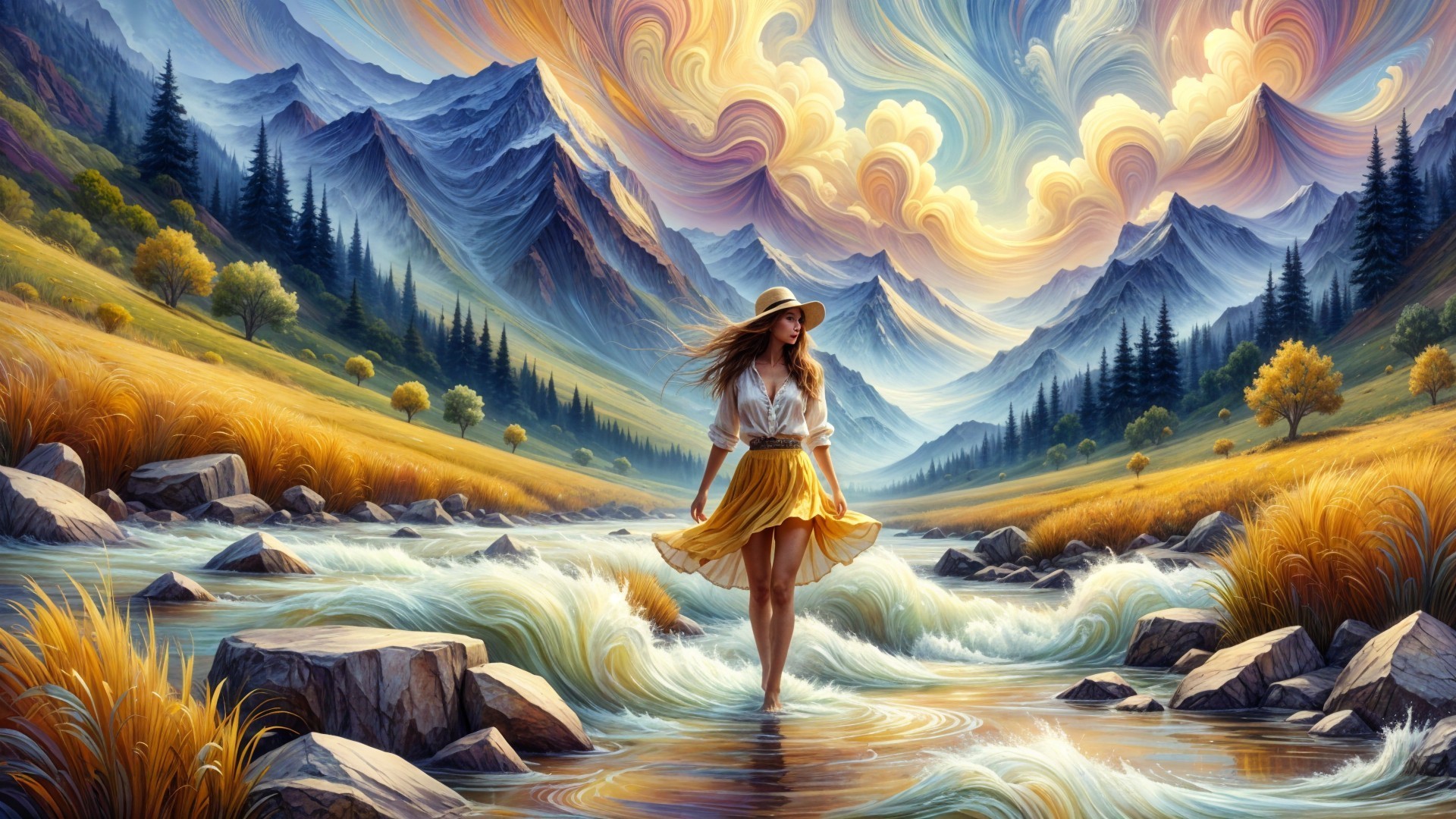 Serene Landscape with Woman in Yellow Skirt by Stream