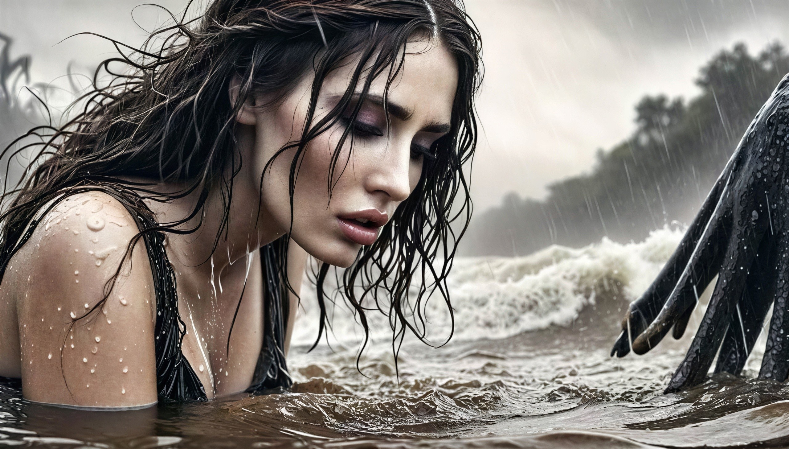 Woman in turbulent water with dark hair and solemn expression