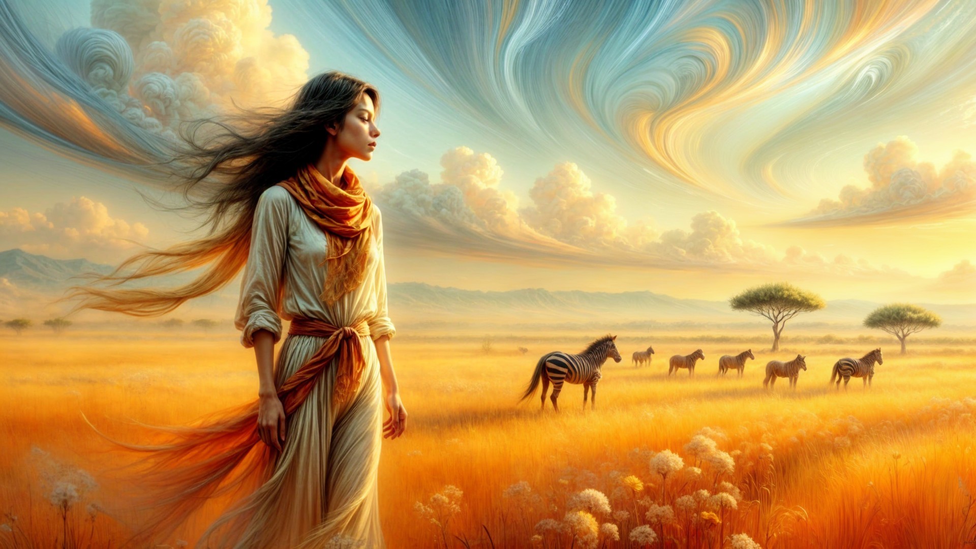 Serene landscape with a woman and grazing zebras