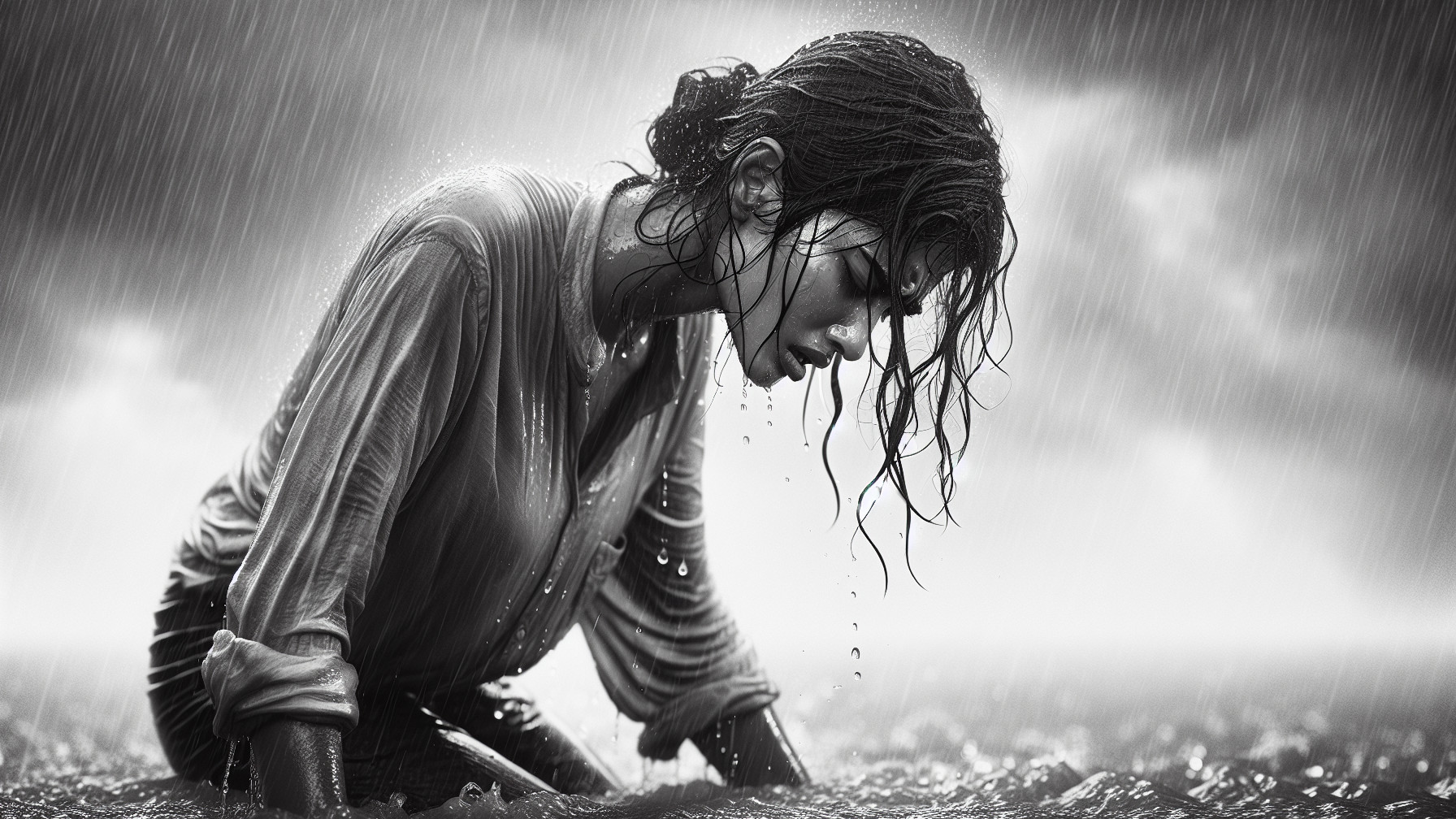 Woman in Rain-Soaked Landscape with Somber Mood