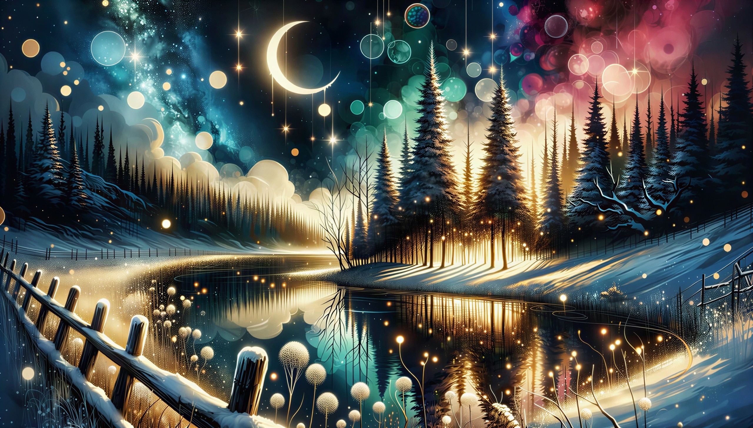 Magical Winter Landscape with Colorful Night Sky