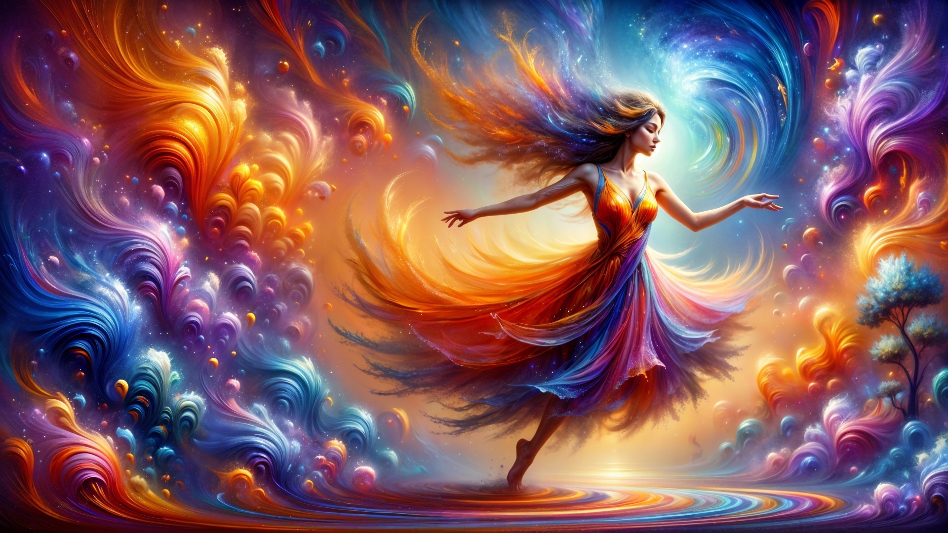 Vibrant Dance Scene with Colorful Swirling Patterns