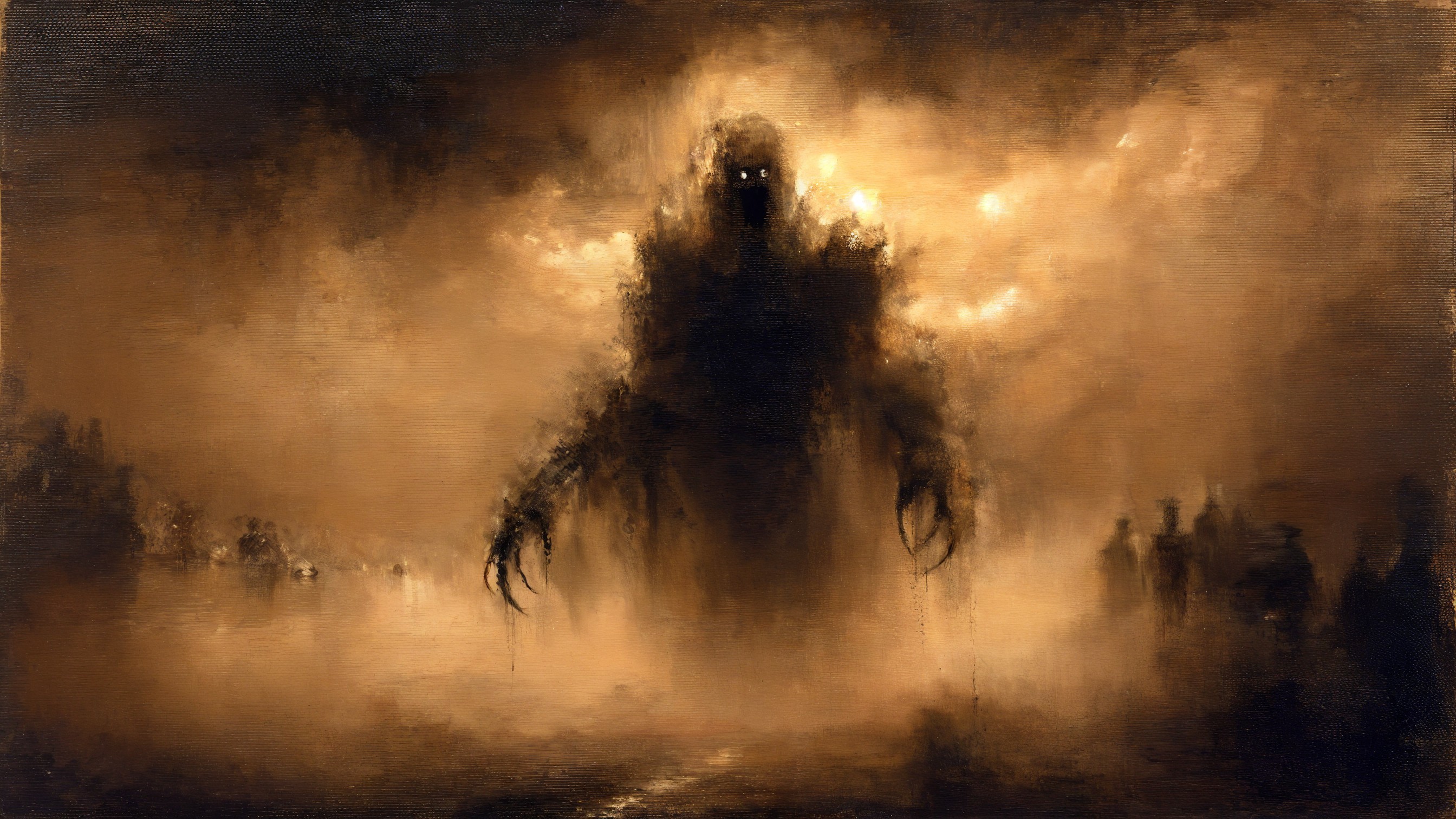 Eerie Landscape with Shadowy Figure and Glowing Eyes