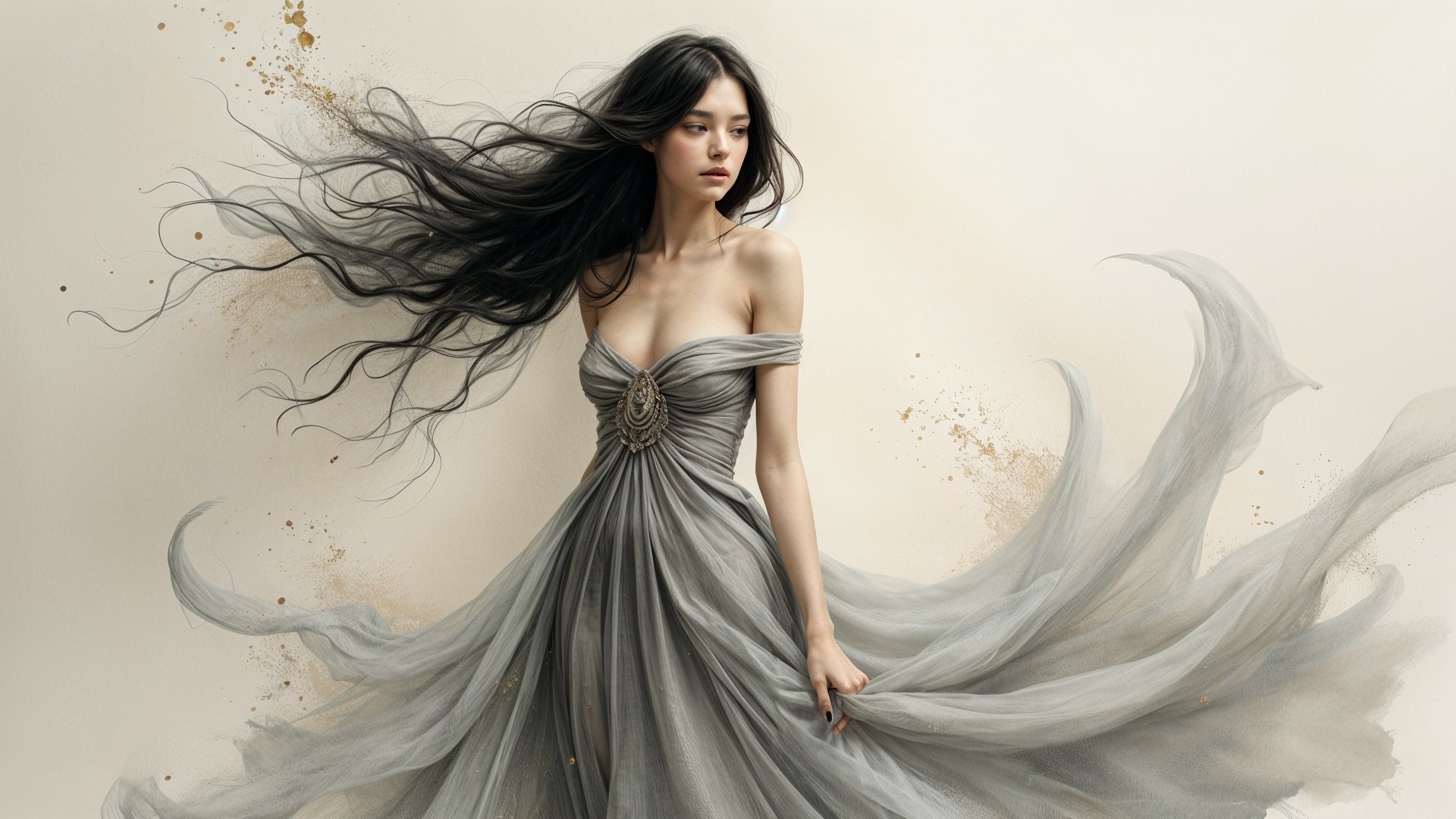 Elegant figure in flowing gray gown with magical backdrop