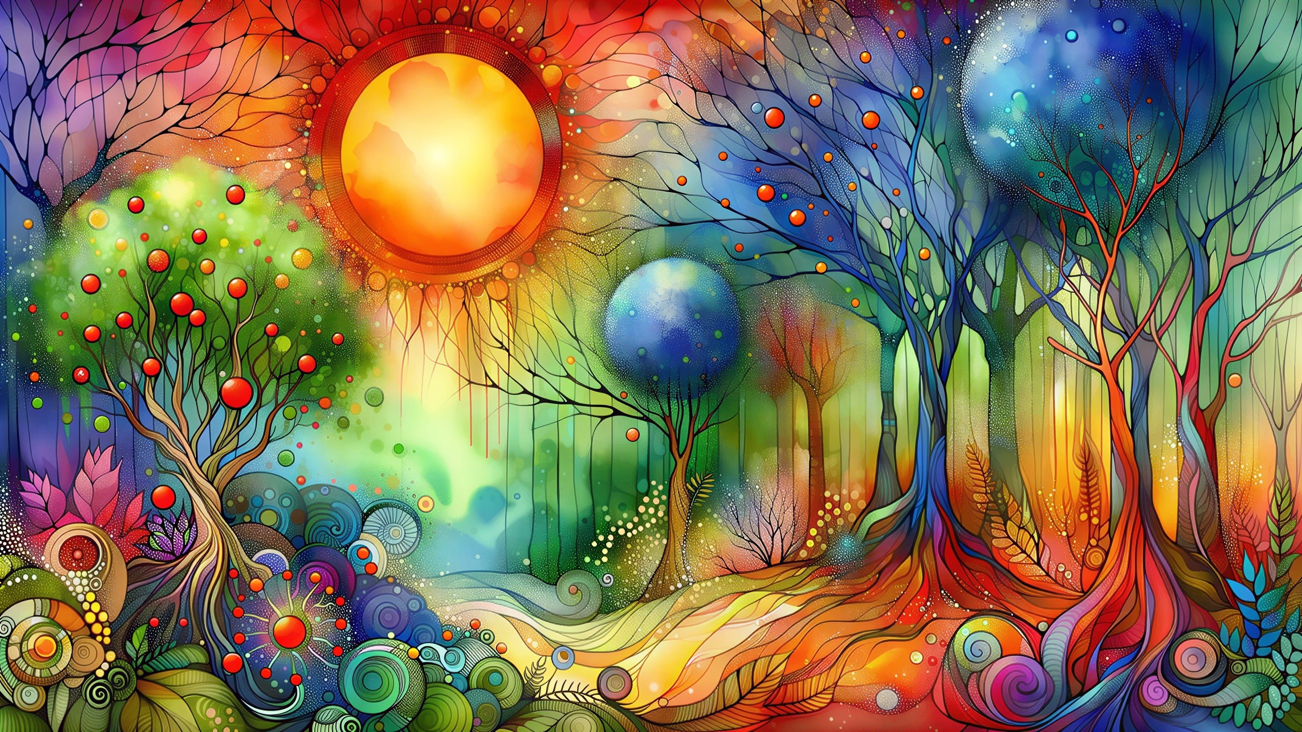 Vibrant Watercolor Forest Scene with Psychedelic Colors