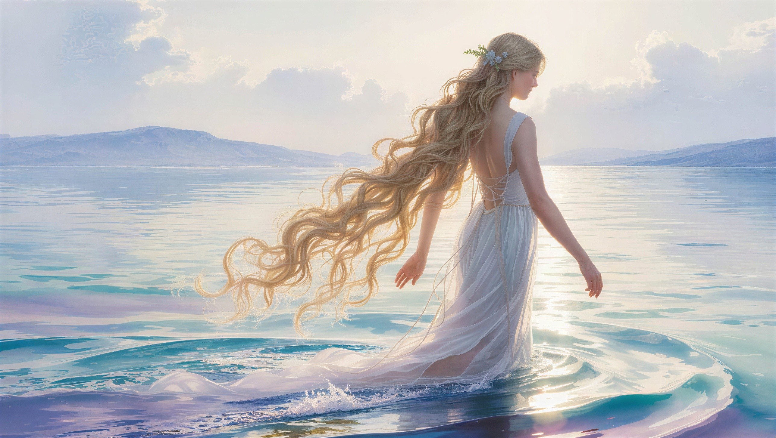 Fair-skinned woman in flowing blue dress by water