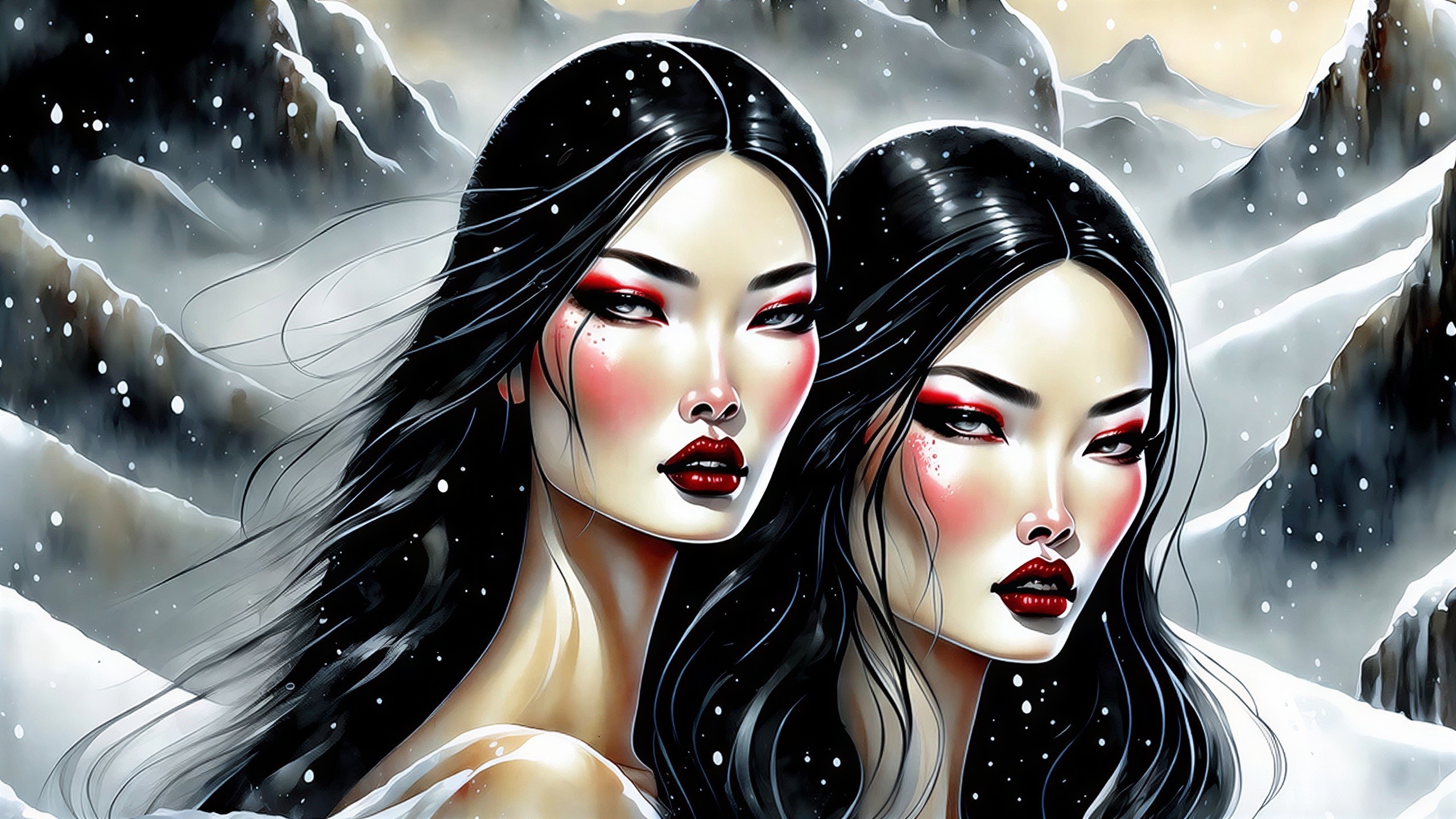 Close-up of Two Women with Dramatic Makeup in Snowy Landscape