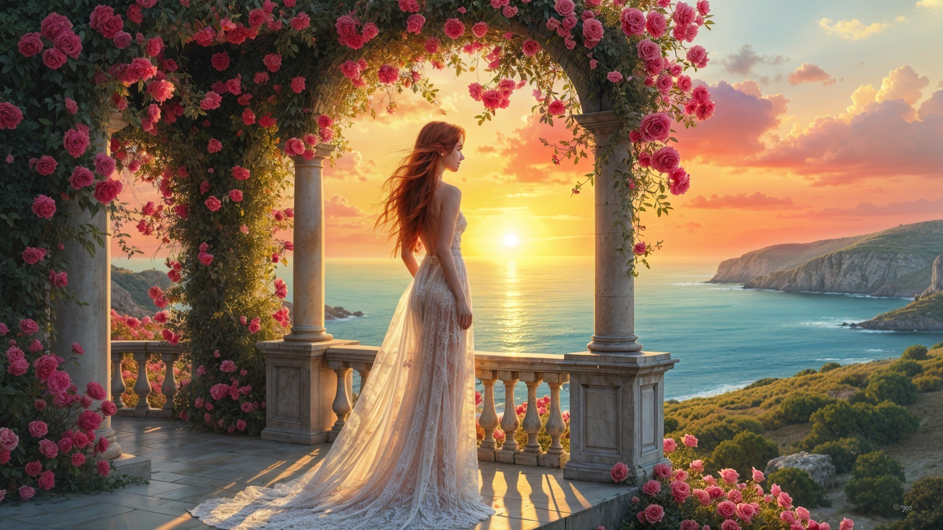 Woman in White Gown at Sunset Balcony with Roses
