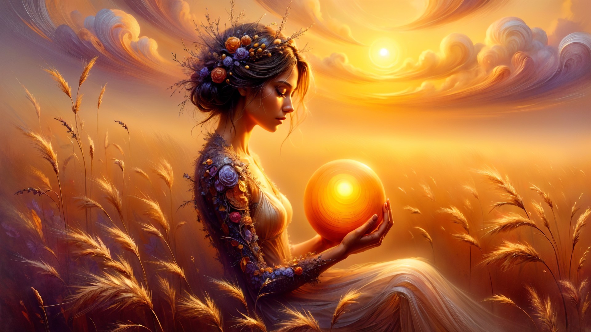 Serene figure in golden fields with glowing orb