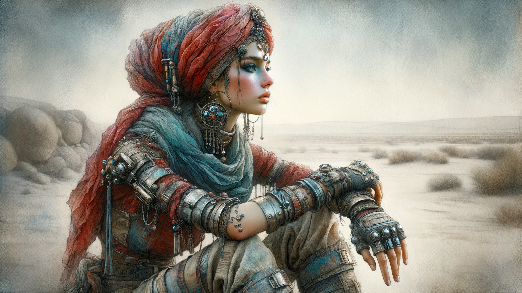 Young woman in tribal jewelry in a desolate landscape