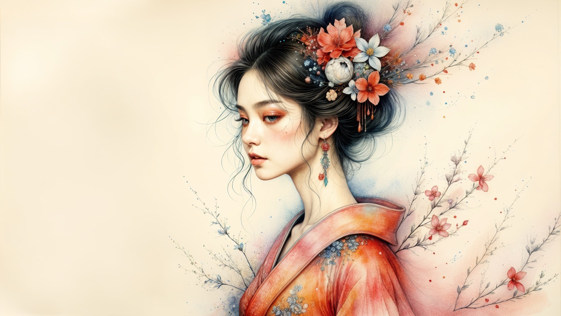 Serene Young Woman in Colorful Floral Kimono