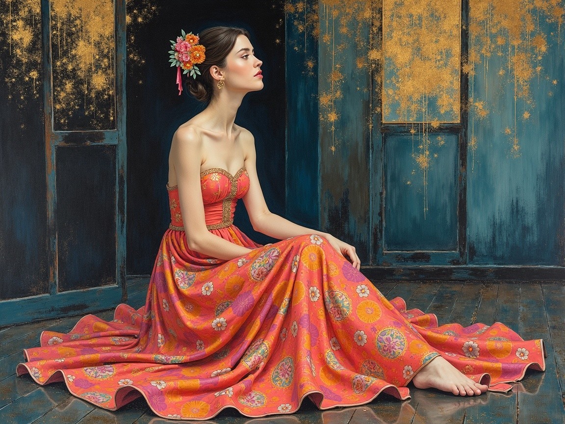 Young woman in floral gown on wooden floor backdrop