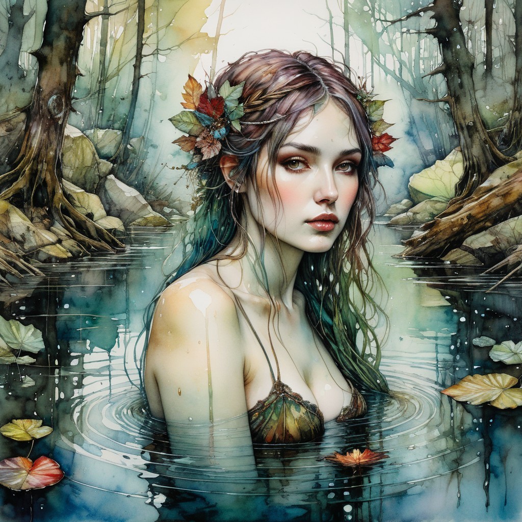 Young Woman in Mystical Forest with Watercolor Tones