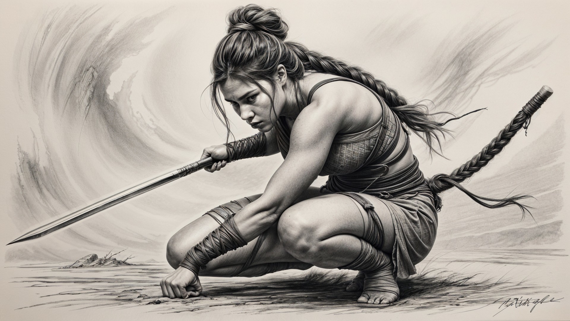 Fierce Warrior Woman in Dynamic Battle Pose
