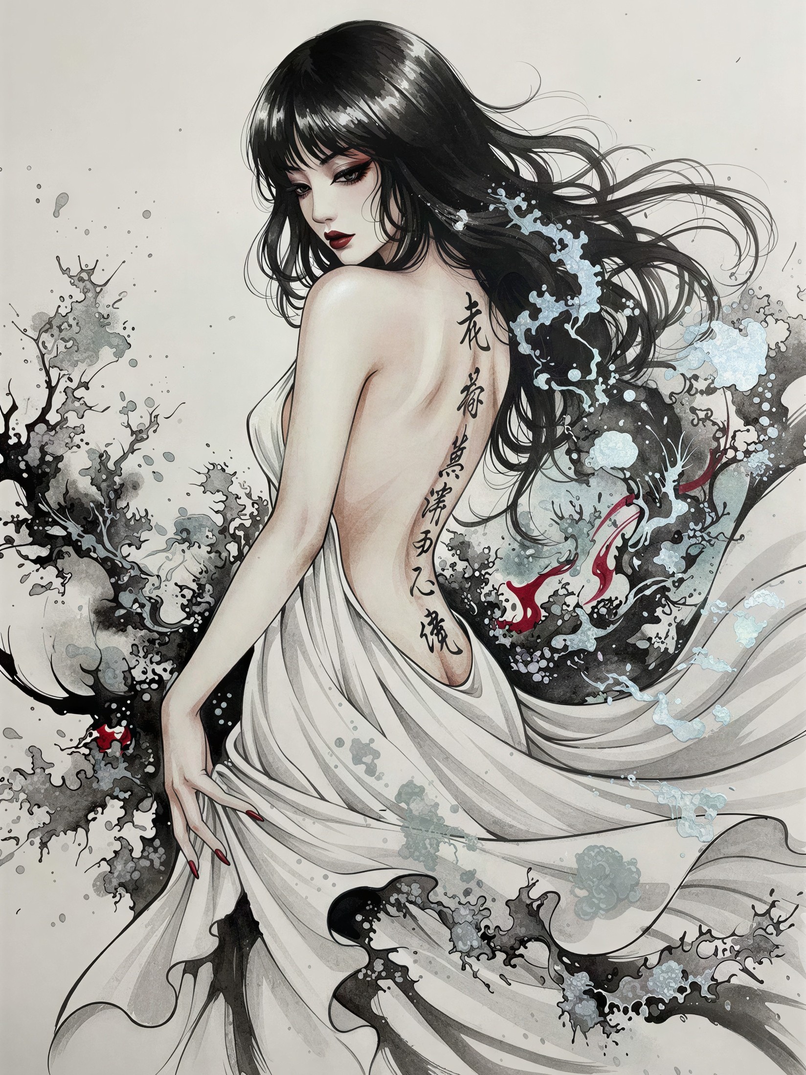 Elegant Woman in Flowing White Dress with Tattoo Art