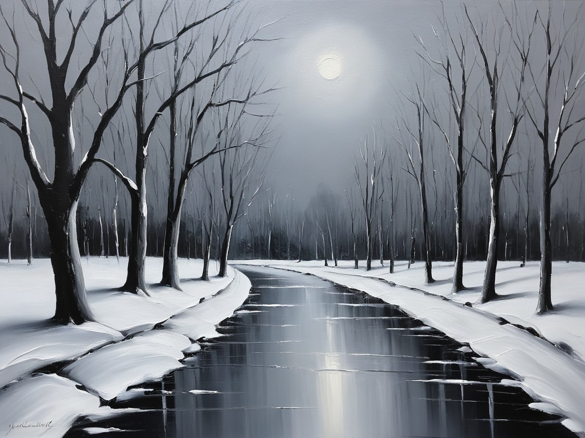 Serene Winter Landscape with Moonlit River Scene