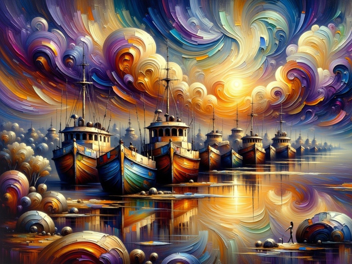 Vibrant Seascape with Colorful Boats and Dramatic Sky