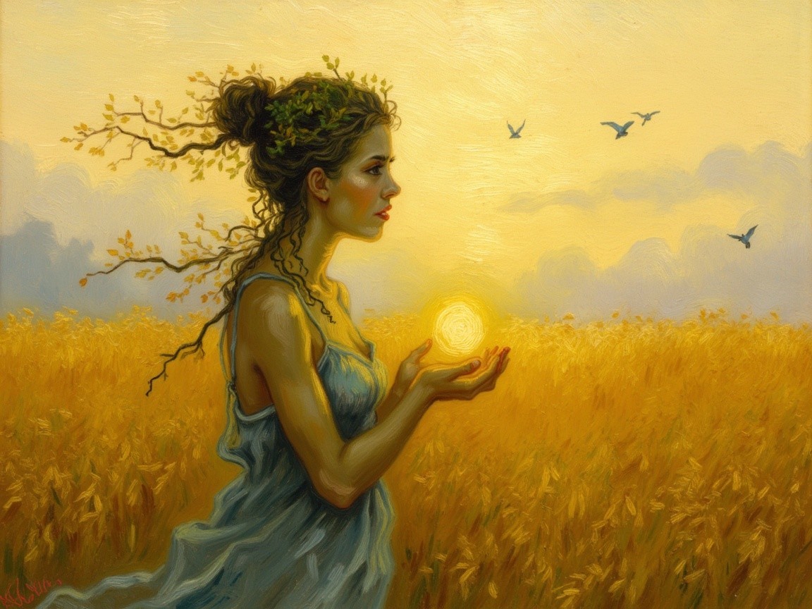 Young Woman in Golden Field at Sunset with Orb