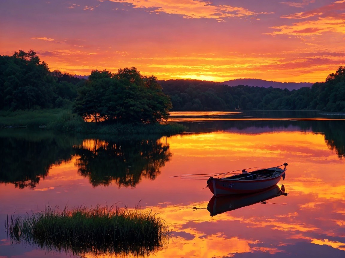 Tranquil Lake at Sunset with Vibrant Colors and Boat