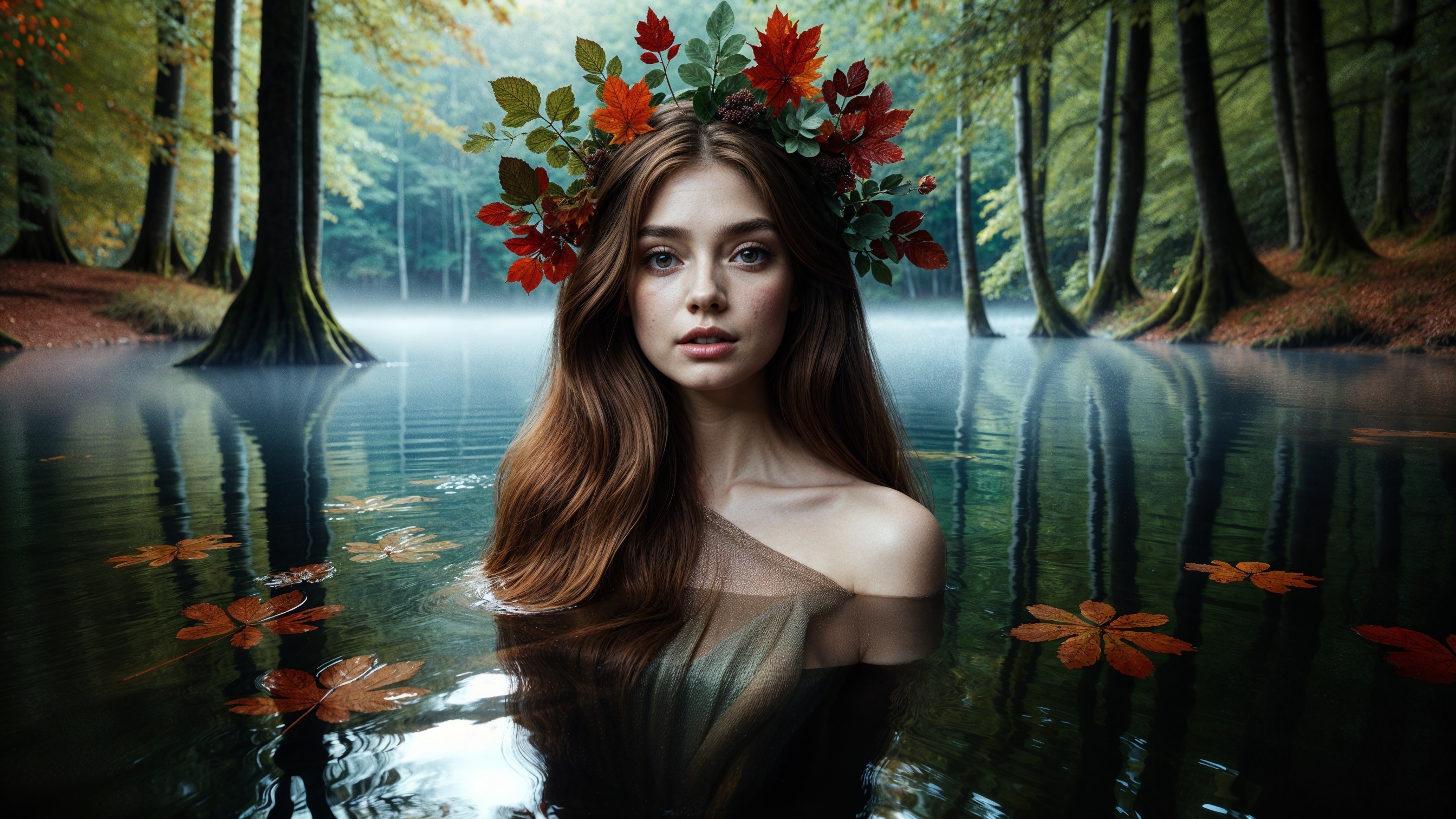 Young Woman in Autumn Forest Pond Setting