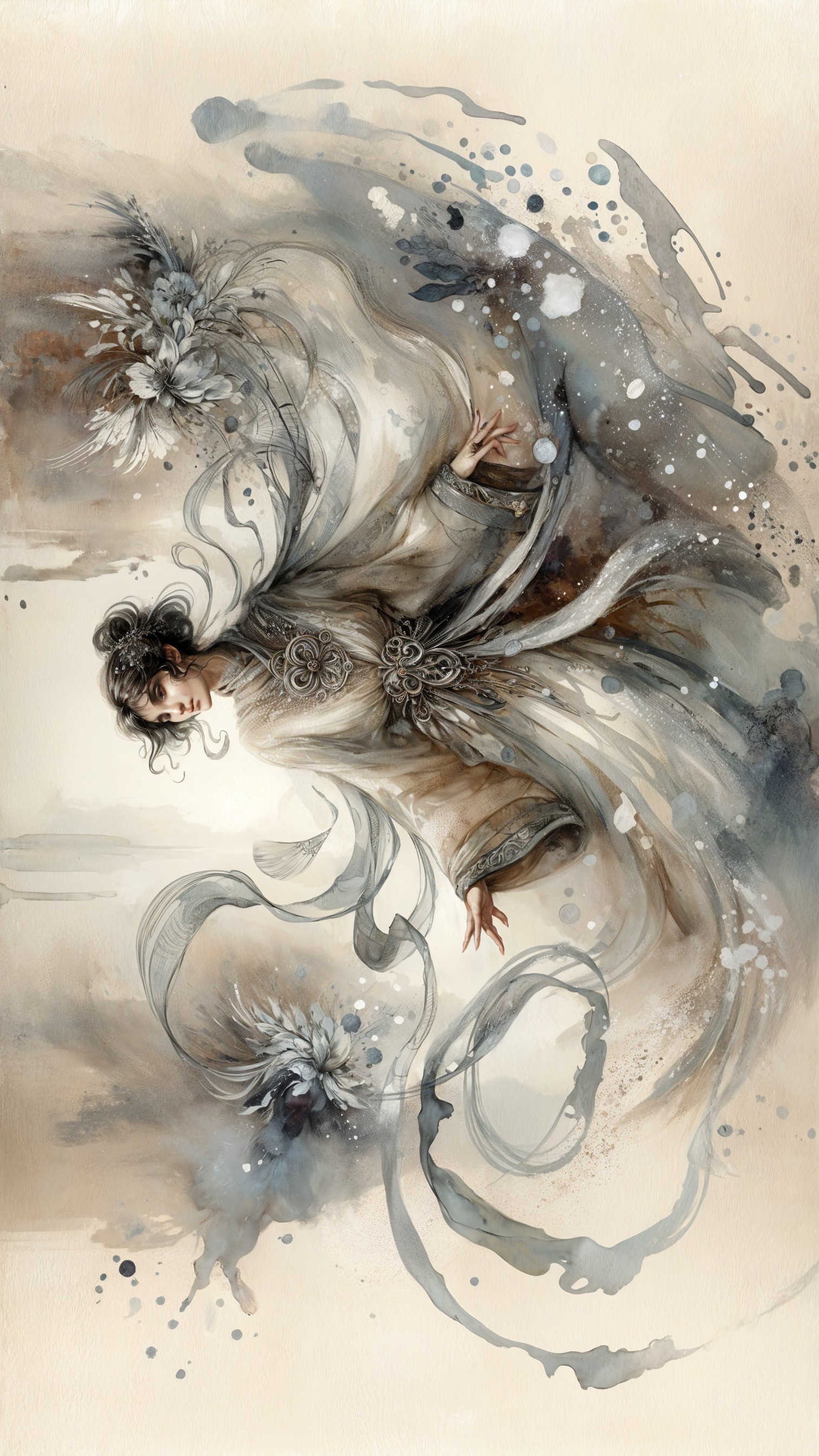 Ethereal Figure in Flowing Gown with Floral Motifs