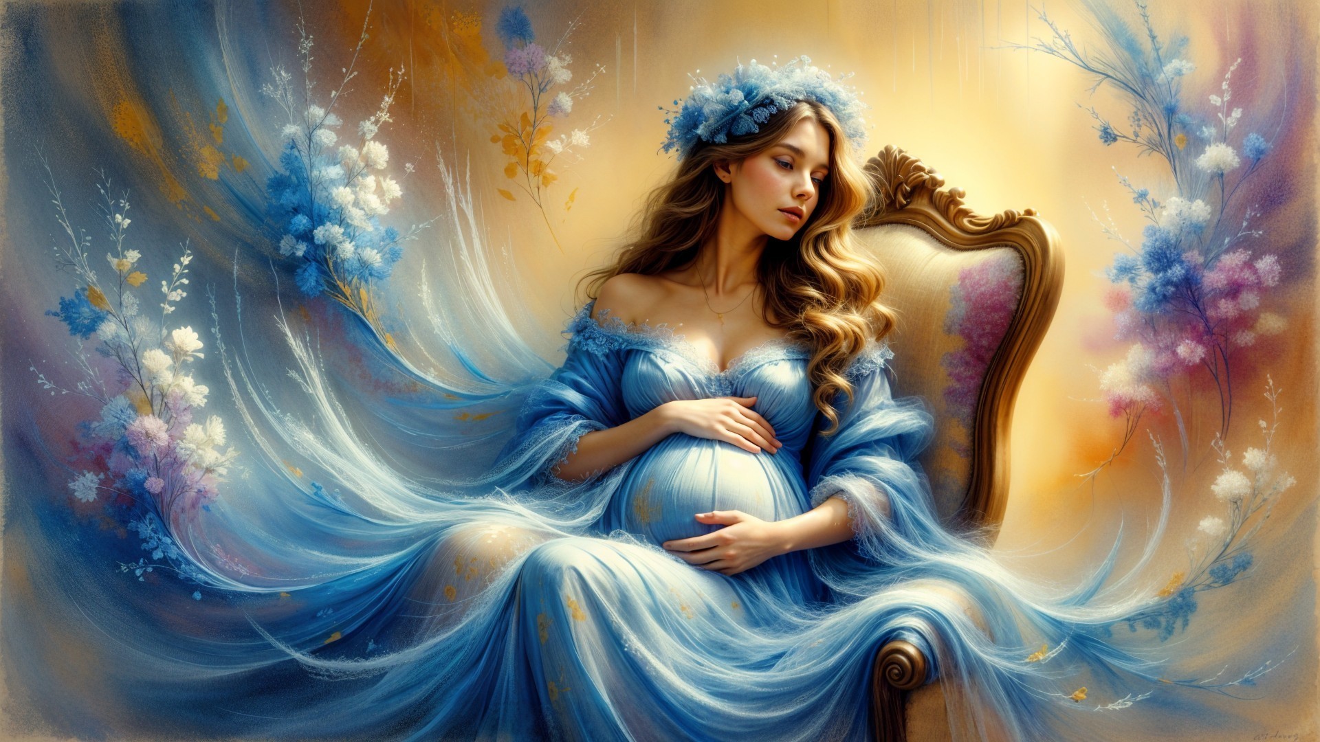 Ethereal Woman in Blue Gown with Baby Bump and Florals