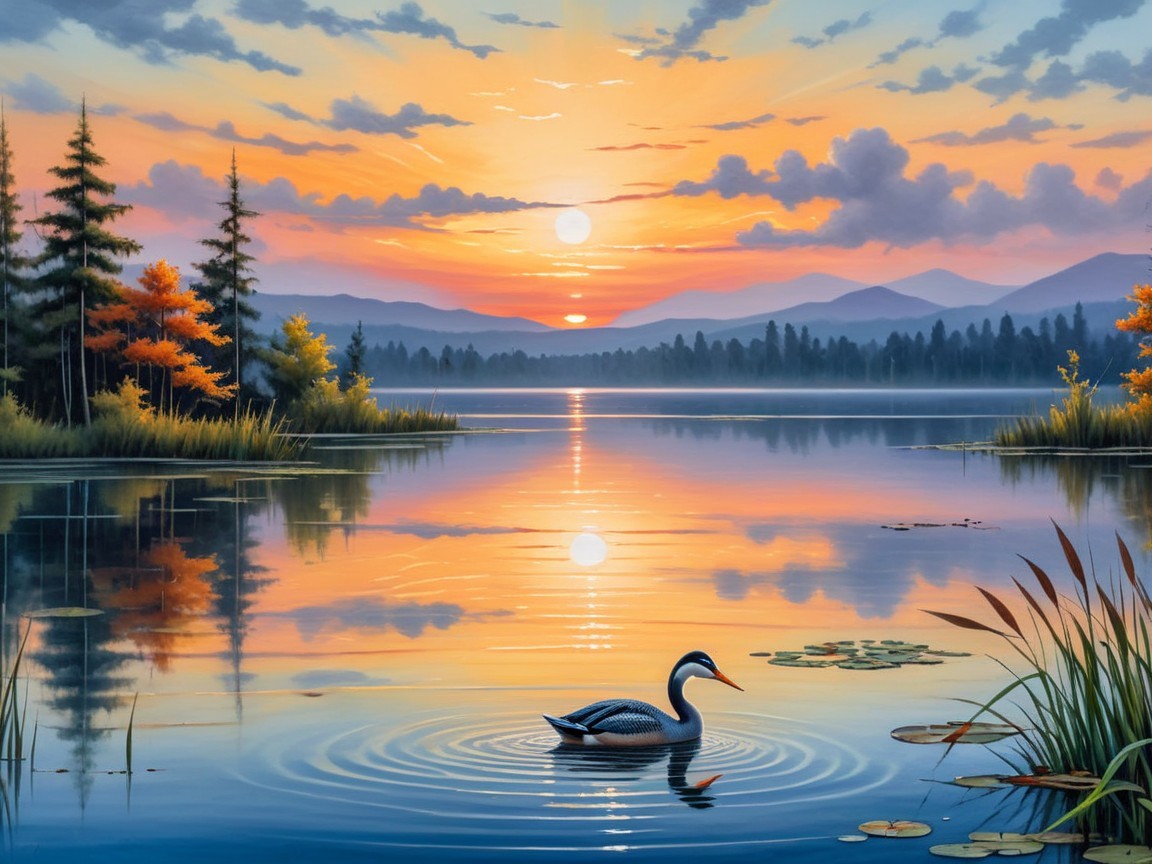 Tranquil Lake at Sunset with Autumn Foliage and Mountains