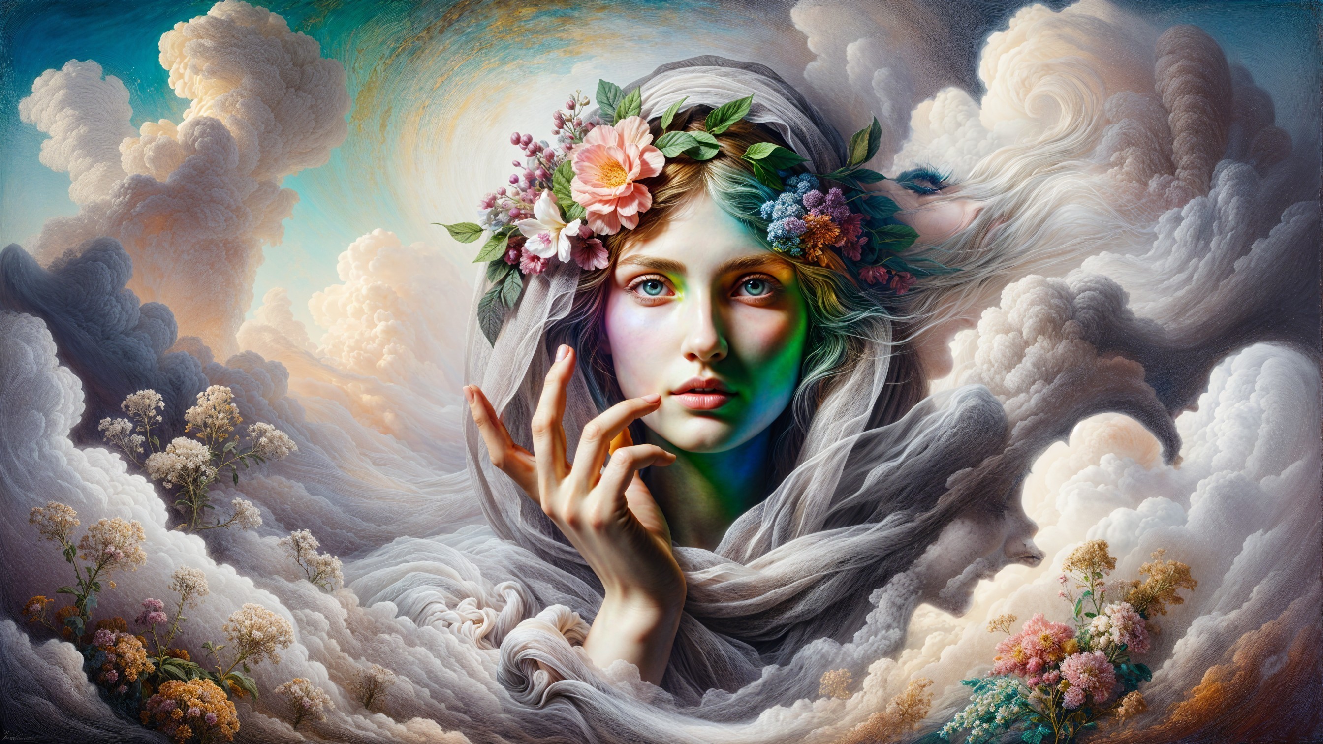 Ethereal figure in clouds with floral crown and blossoms