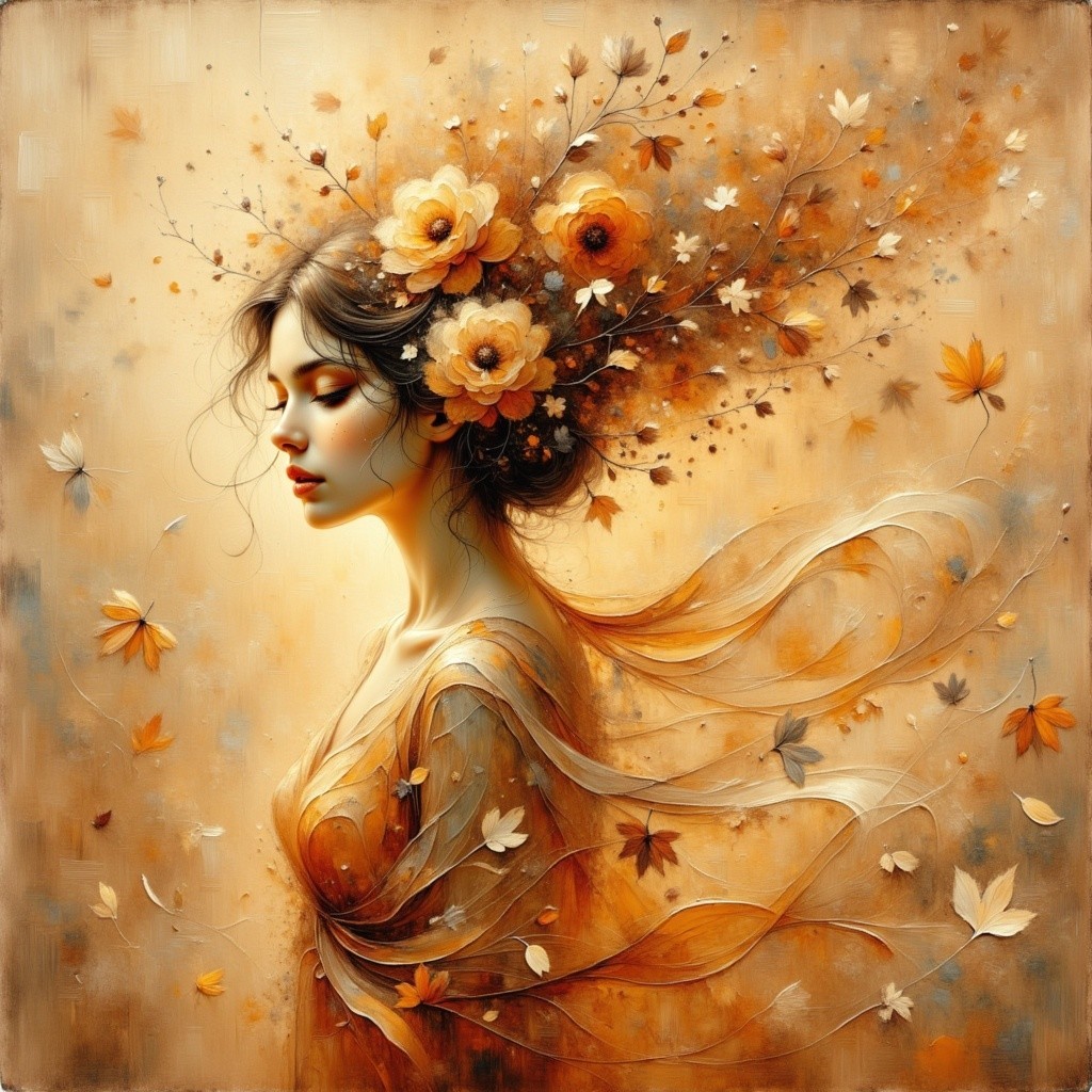 Serene Woman in Floral Crown Amid Autumn Hues