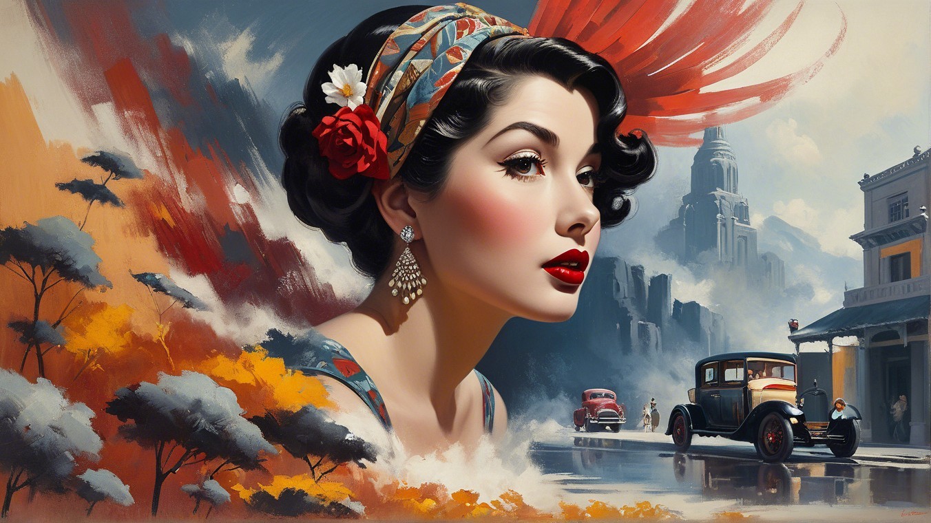 Glamorous 1920s Woman in Vibrant Cityscape Artwork