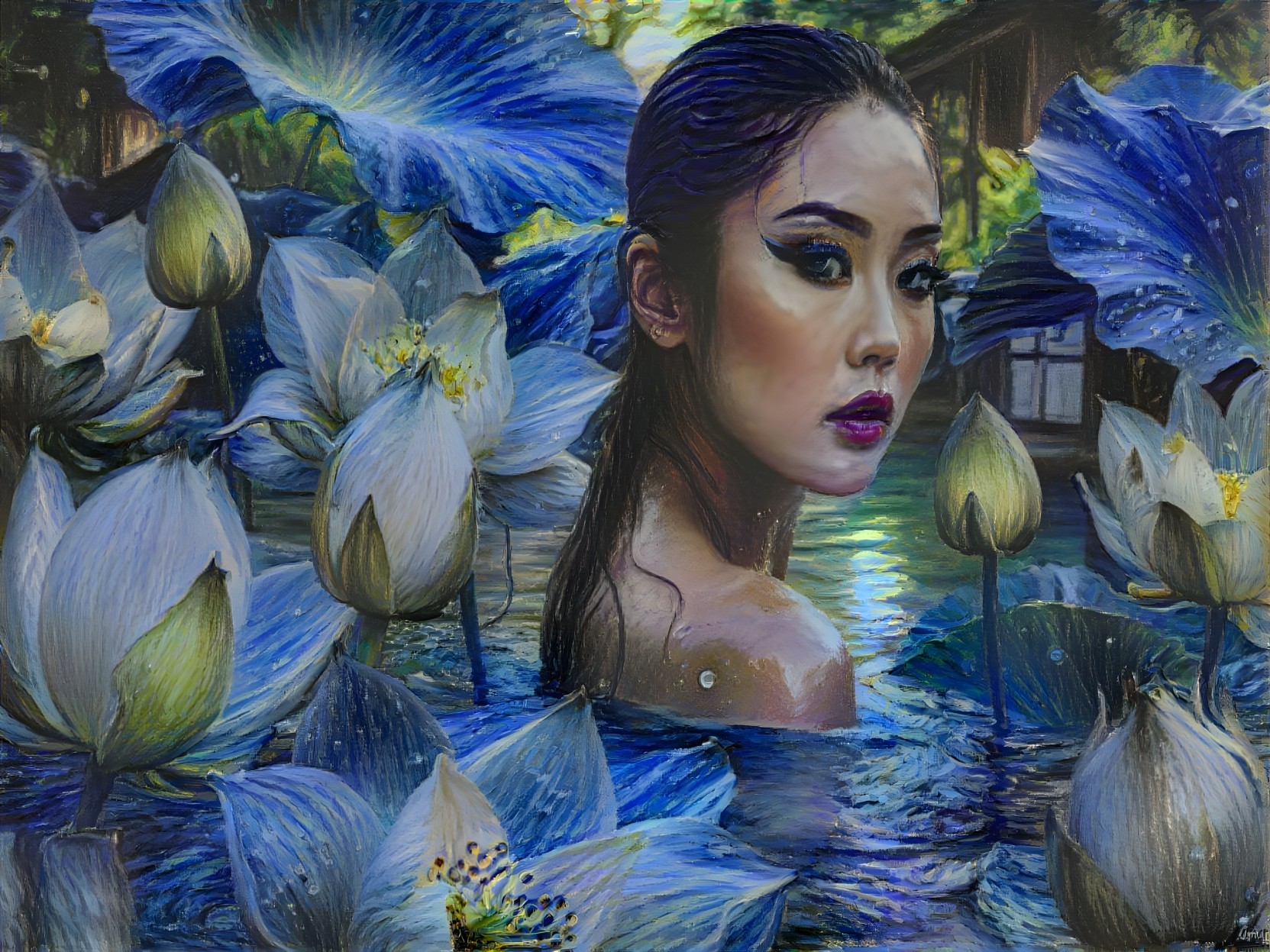 Serene Woman in Water with Blue Lotus Flowers
