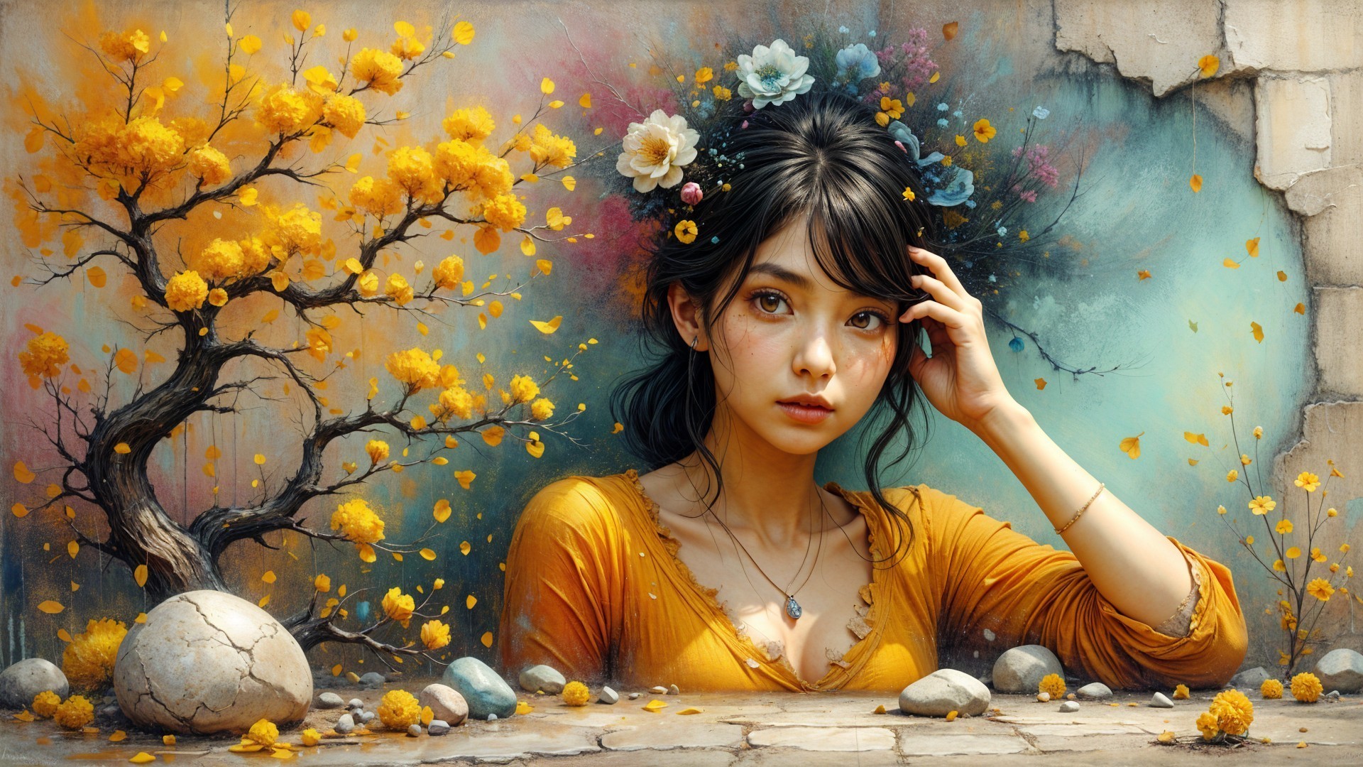 Young Woman Surrounded by Flowers and Moss Stones