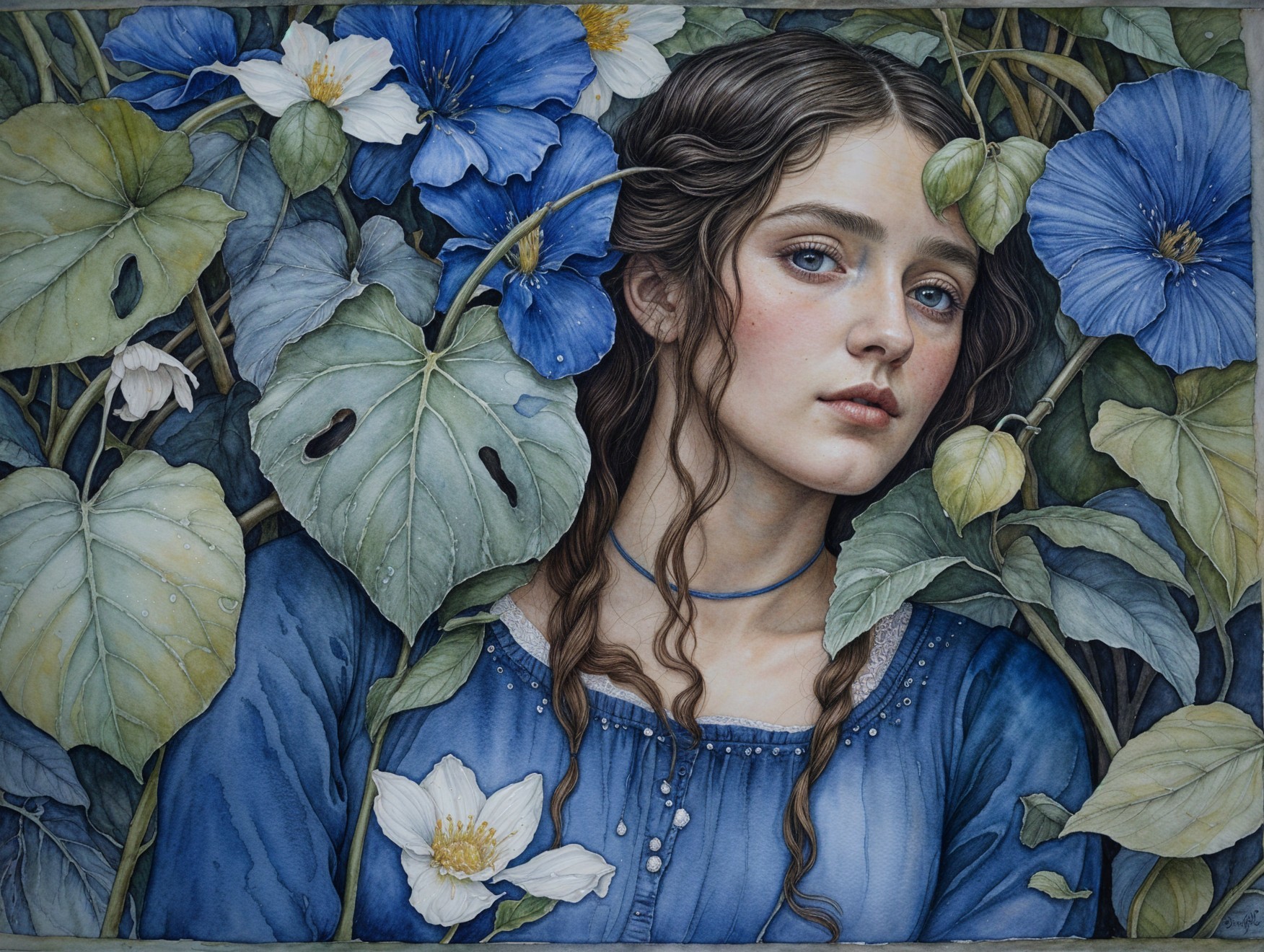 Young Woman in Nature with Braided Hair and Blue Dress
