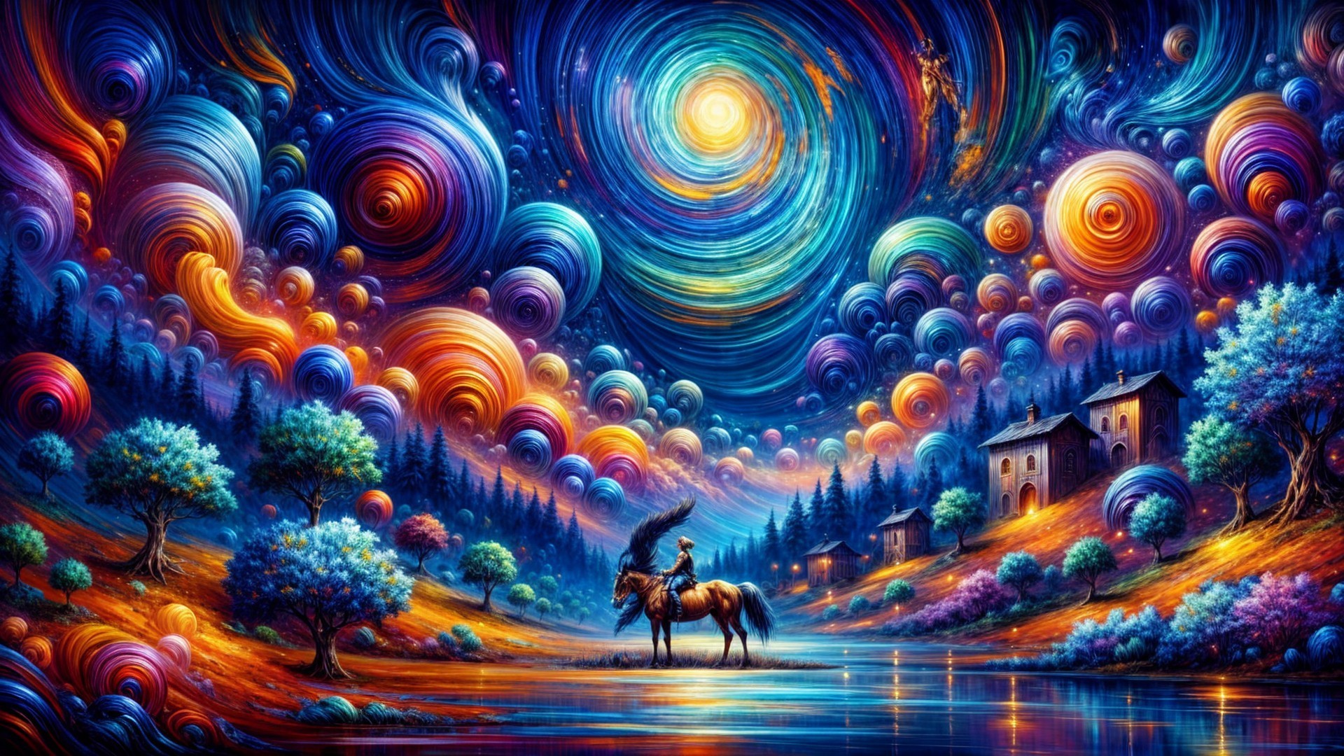 Vibrant Cosmic Landscape with Horse Rider and Lake