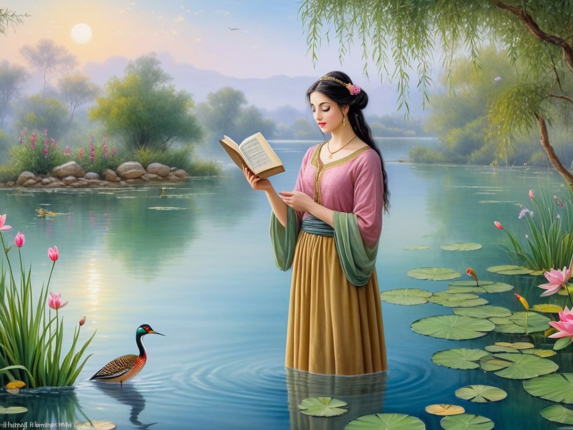 Serene Scene of Woman Reading in Shallow Water