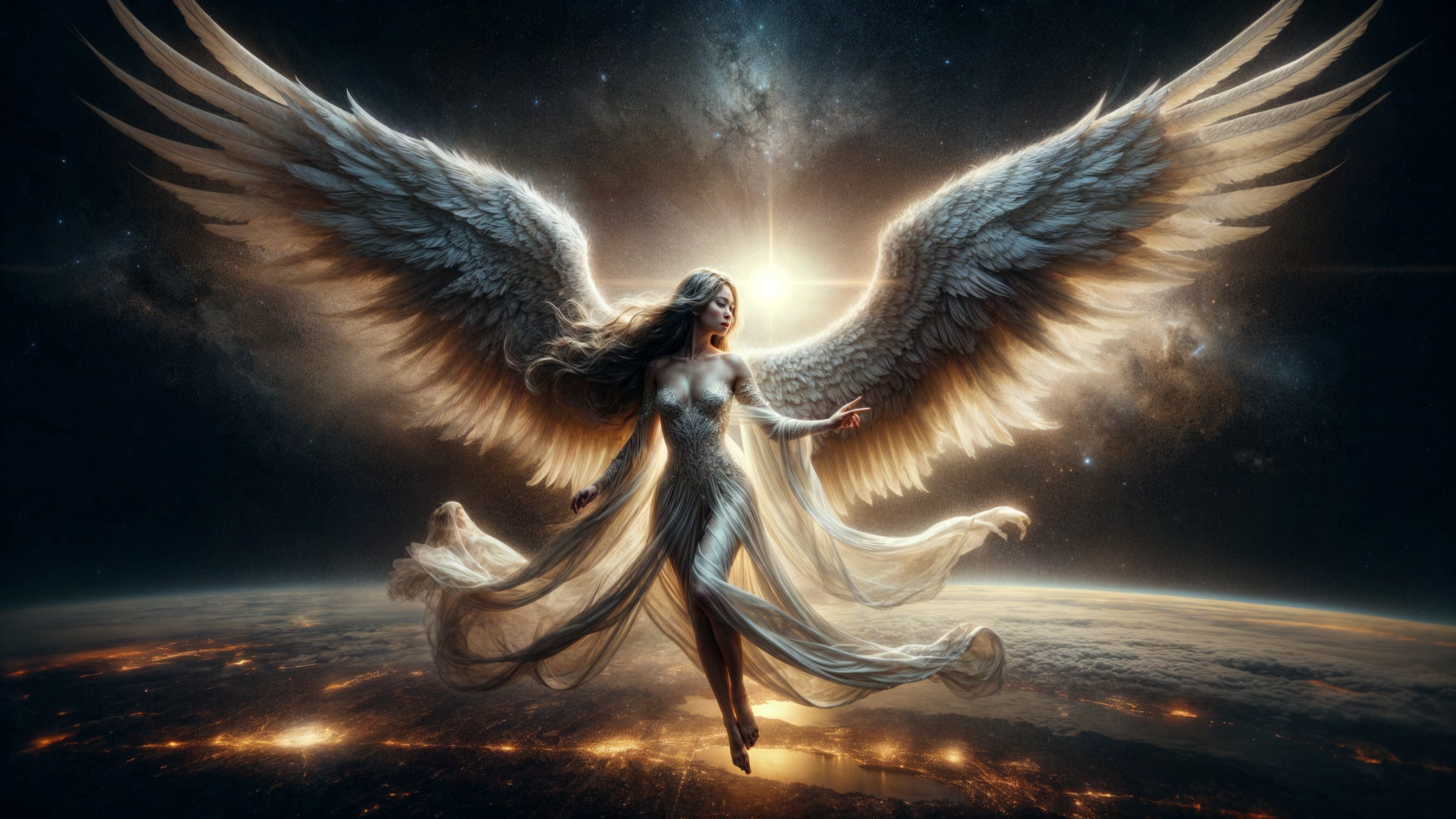 Celestial Figure with Wings Above Glowing Earth