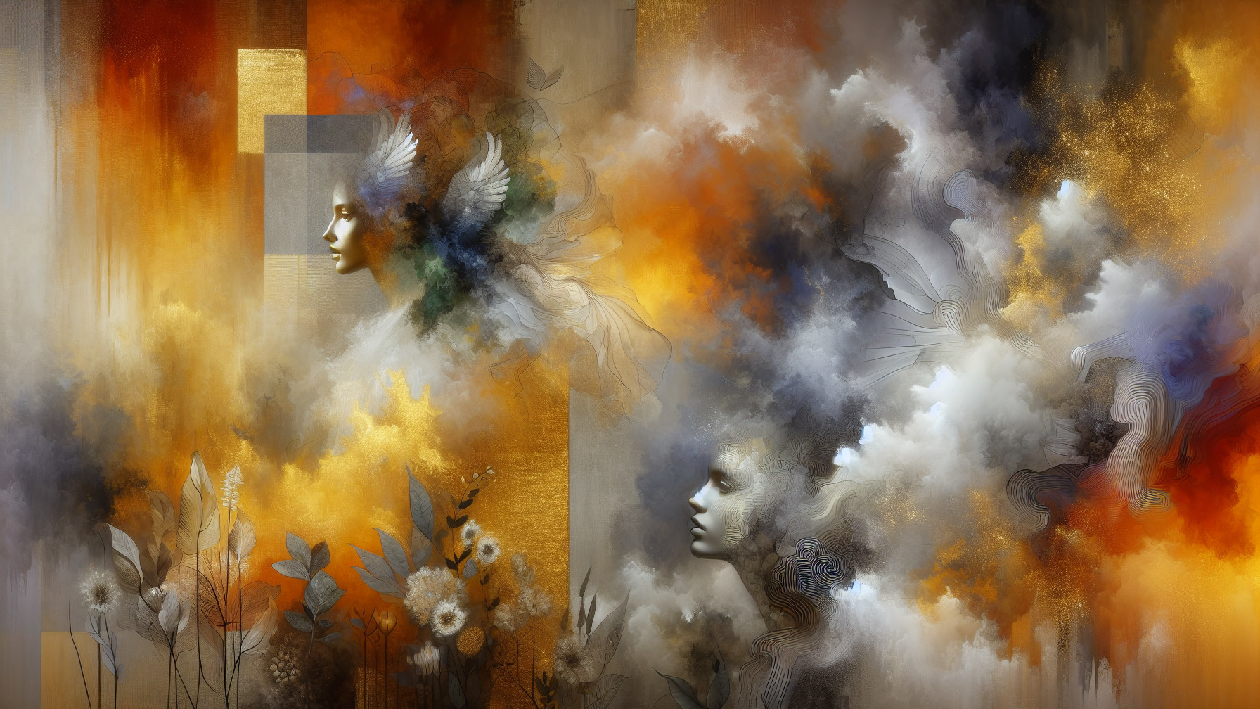 Ethereal Winged Figures in Vibrant Cloud Background