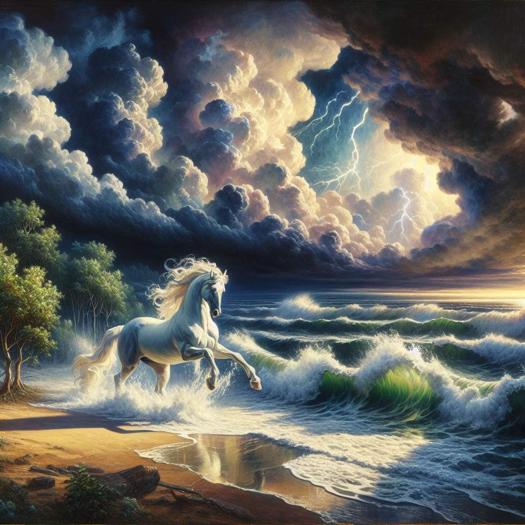 Unicorn Galloping on Stormy Shoreline with Lightning