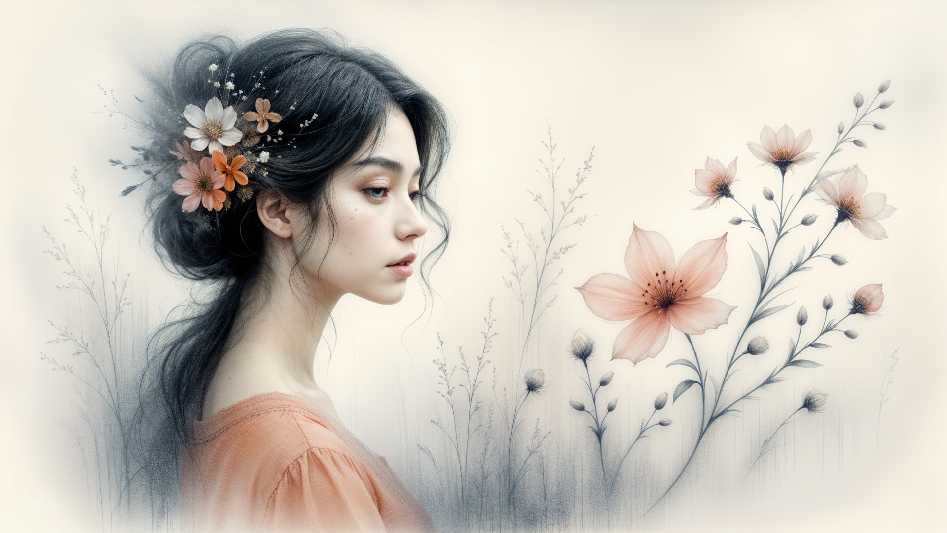 Wistful Portrait of a Young Woman with Floral Accents
