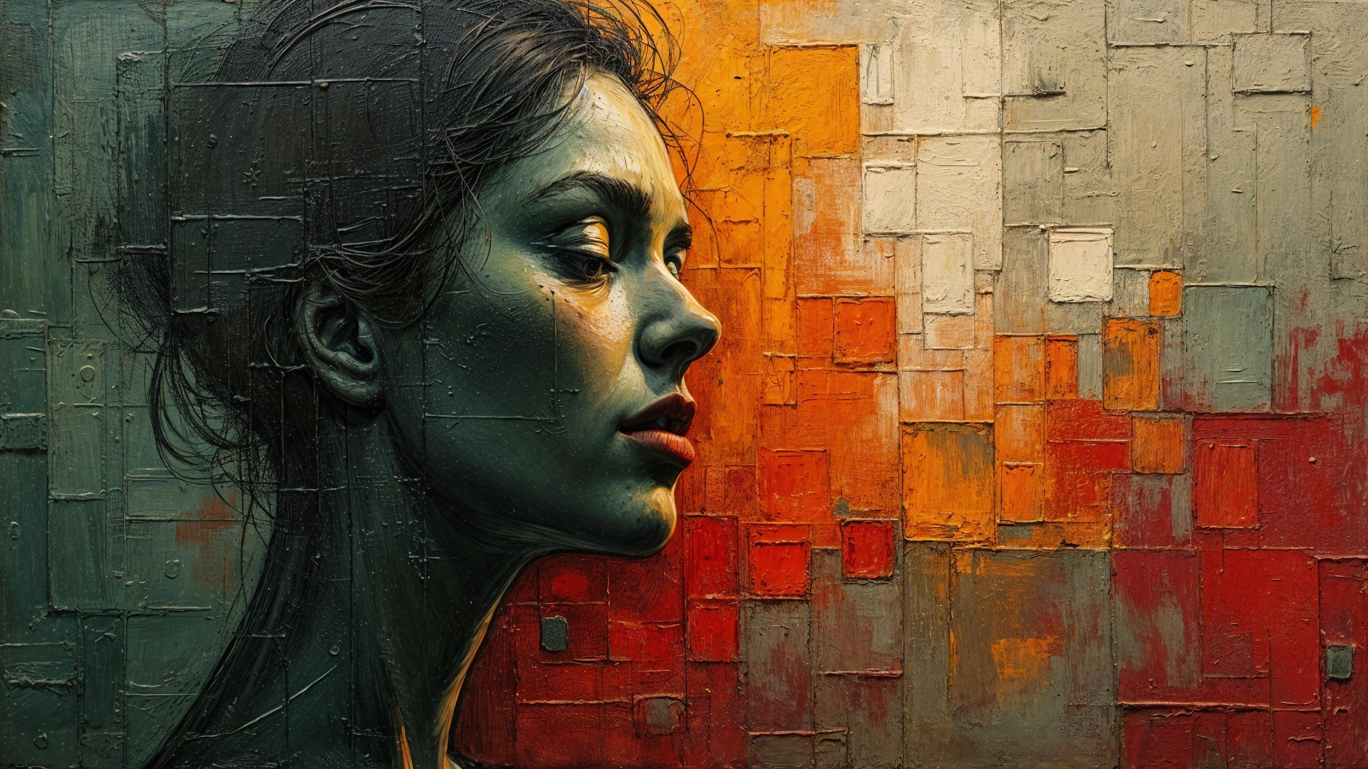 Profile of a Woman in Muted Greens with Abstract Background