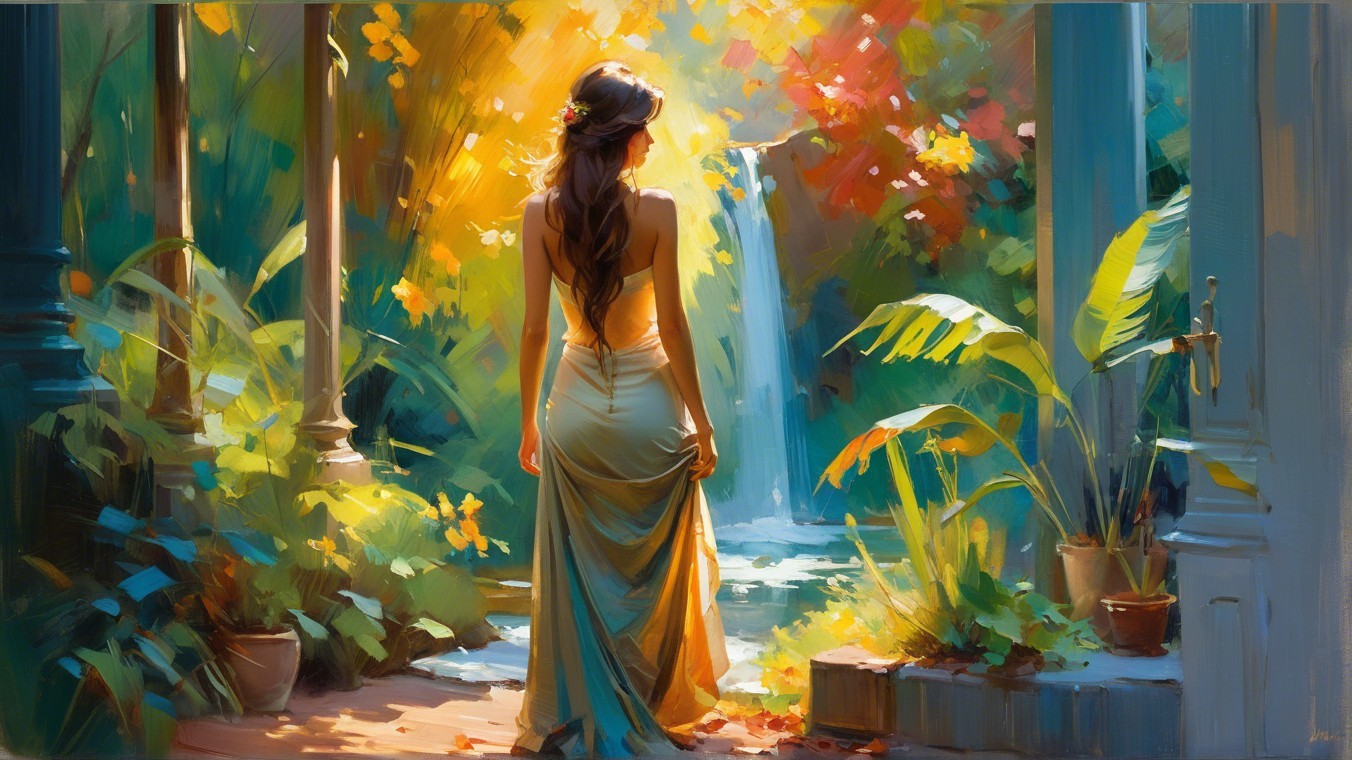 Woman in Yellow Gown in a Vibrant Garden Setting
